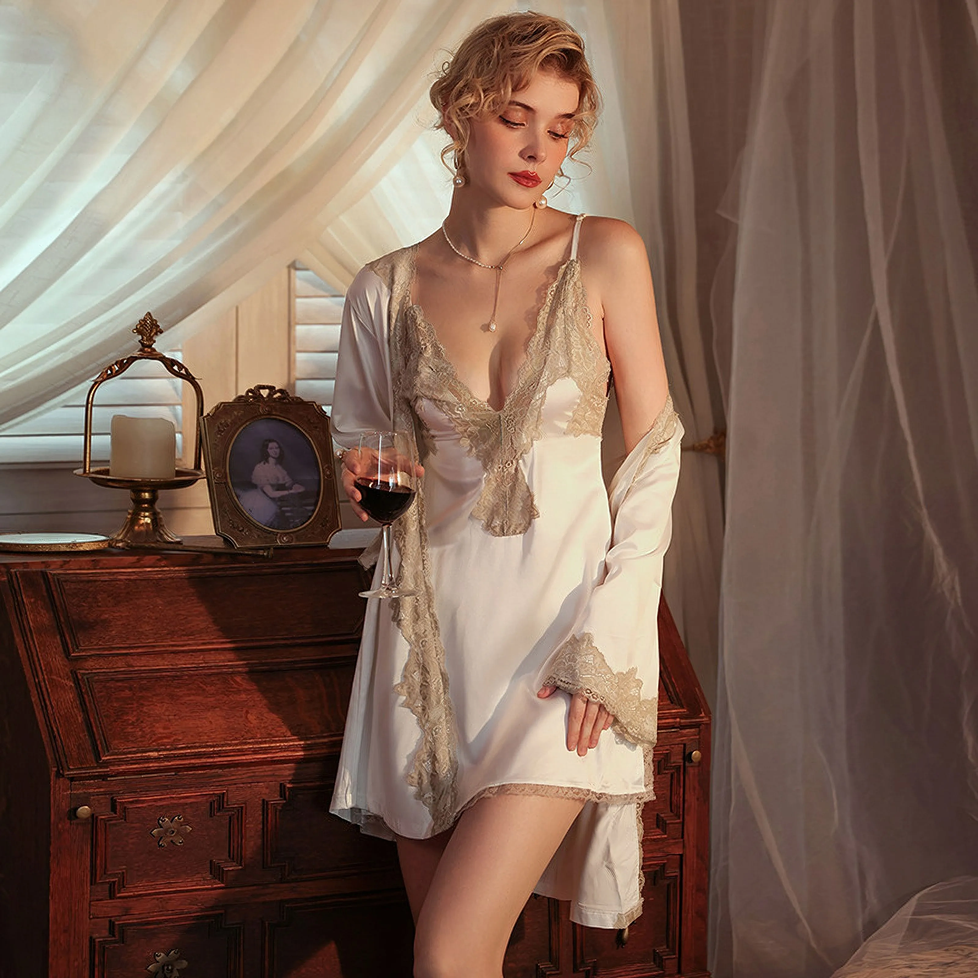 French lace suspender & Robe suit