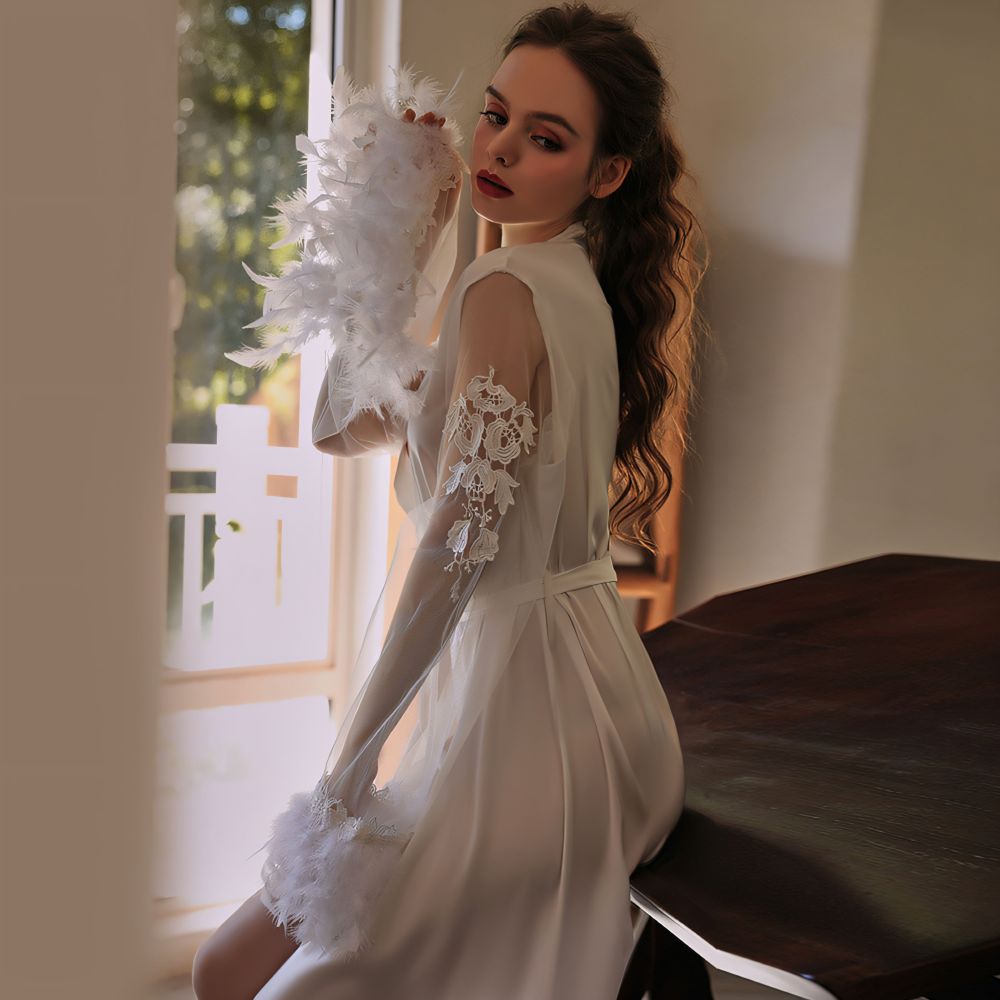 Feather Cuff 3D Embroidery Belted Long Robe