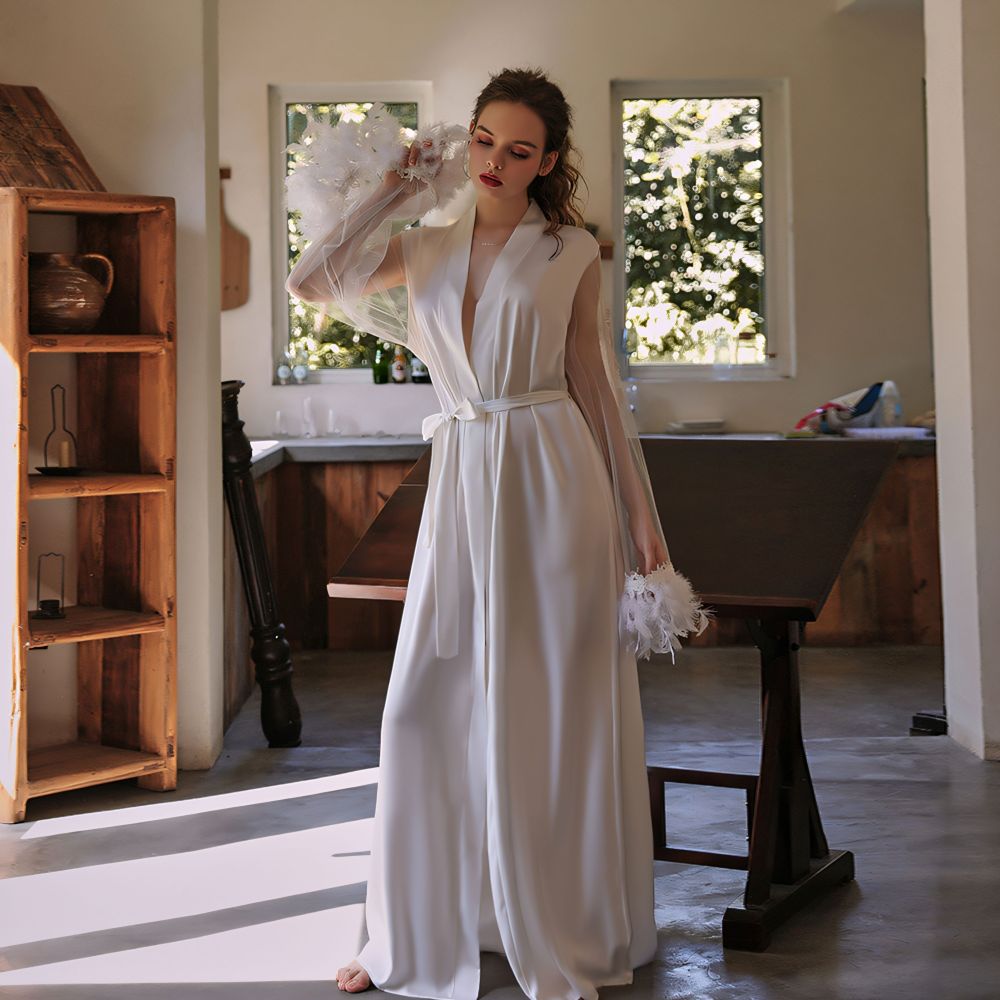 Feather Cuff 3D Embroidery Belted Long Robe