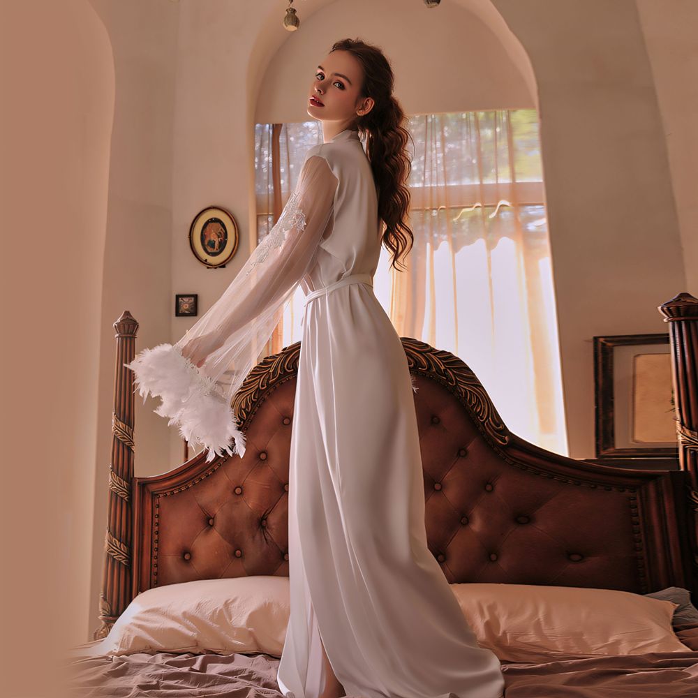 Feather Cuff 3D Embroidery Belted Long Robe