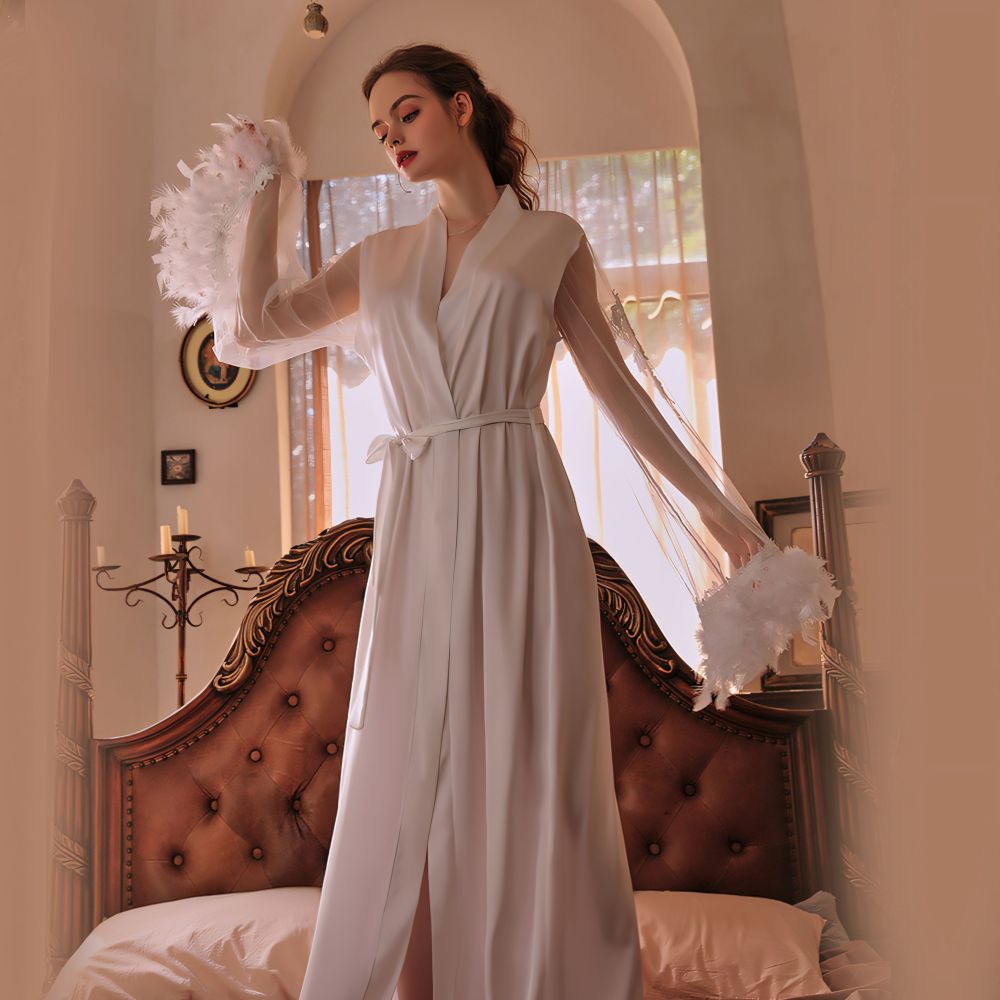 Feather Cuff 3D Embroidery Belted Long Robe