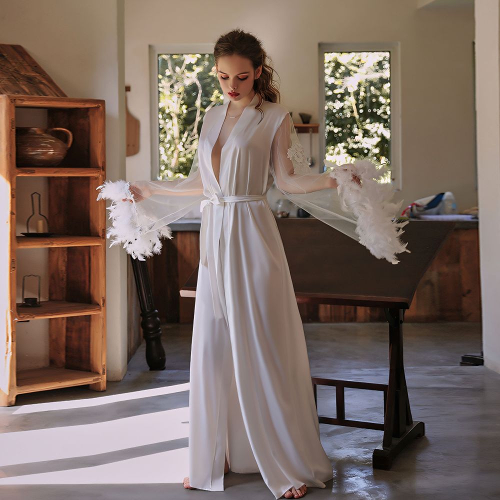 Feather Cuff 3D Embroidery Belted Long Robe