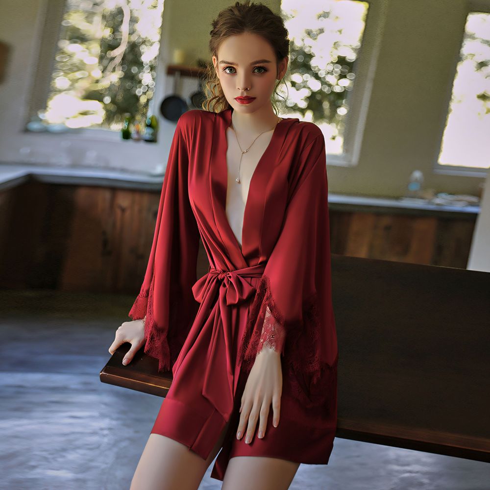 Simulation Silk Sleeve Lace Spliced Belted Robe Bathrobe Homewear