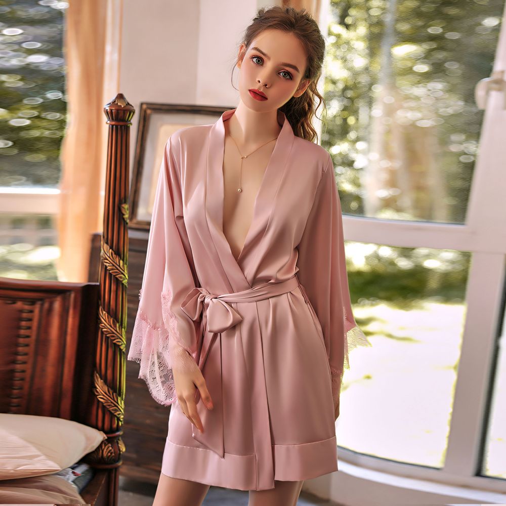 Simulation Silk Sleeve Lace Spliced Belted Robe Bathrobe Homewear