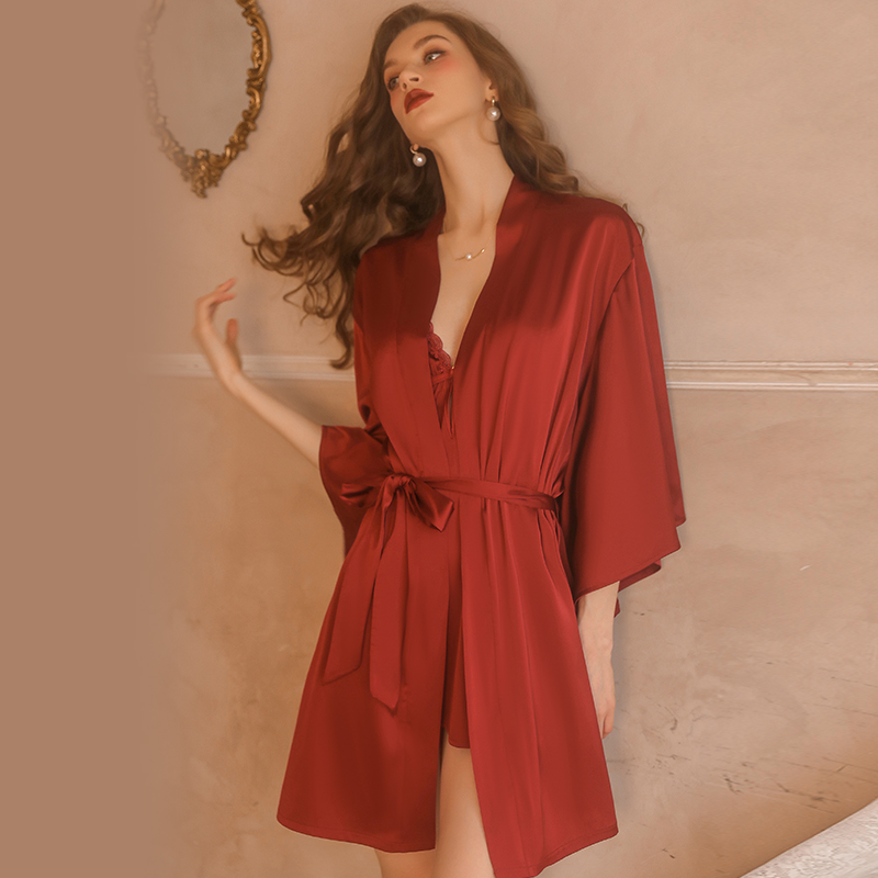 Spring Lace Perspective Temptation Camisole Dress Outer Robe Set