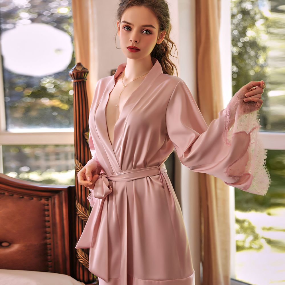 Simulation Silk Sleeve Lace Spliced Belted Robe Bathrobe Homewear