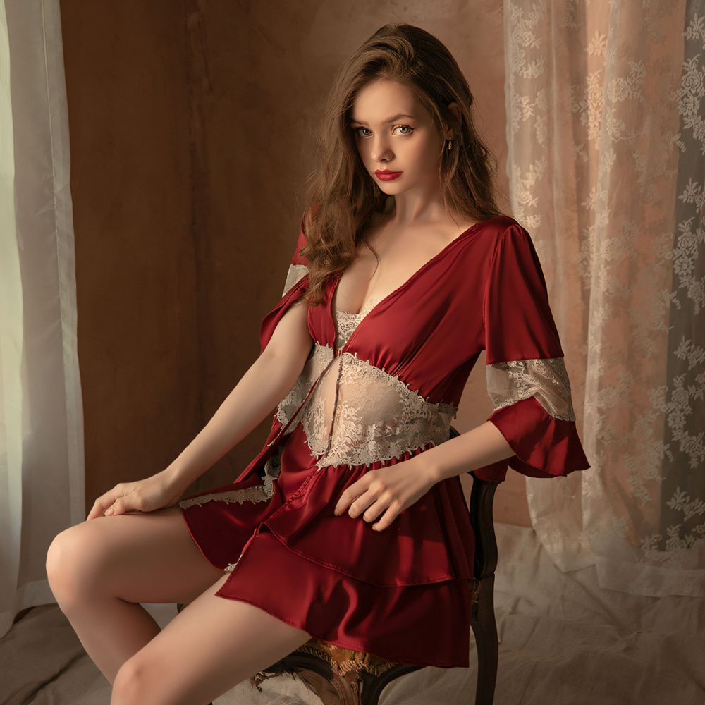 Sexy Deep V Lace Belted Robe Camisole Dress Set