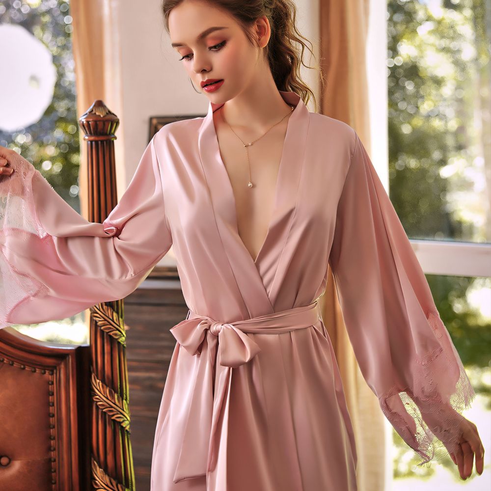 Simulation Silk Sleeve Lace Spliced Belted Robe Bathrobe Homewear