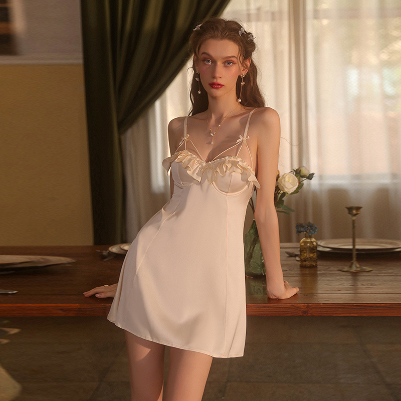 Satin Pleated Splice with Ruffle Lace Trim and Underwire Gathered Camisole Sleep Dress