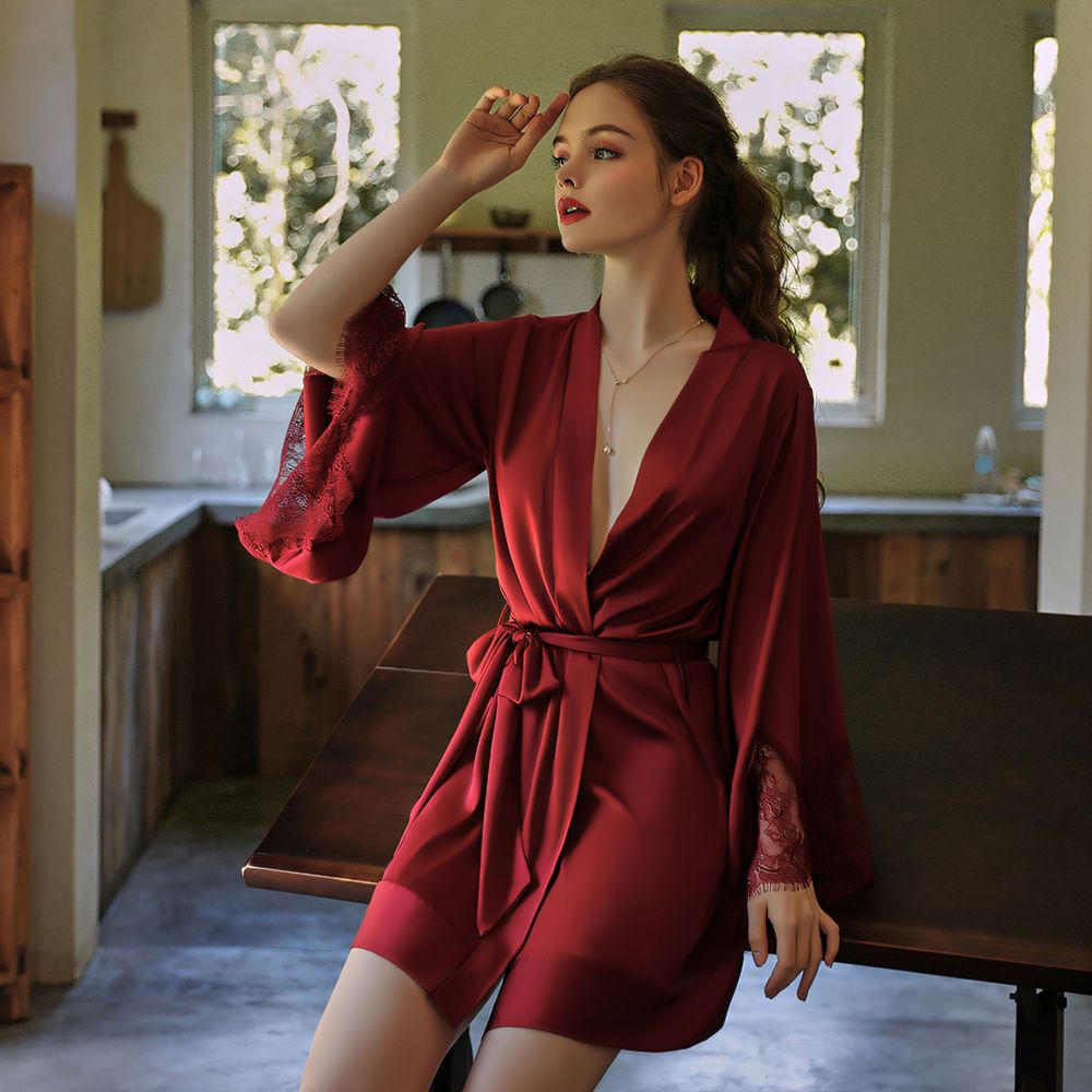 Simulation Silk Sleeve Lace Spliced Belted Robe Bathrobe Homewear