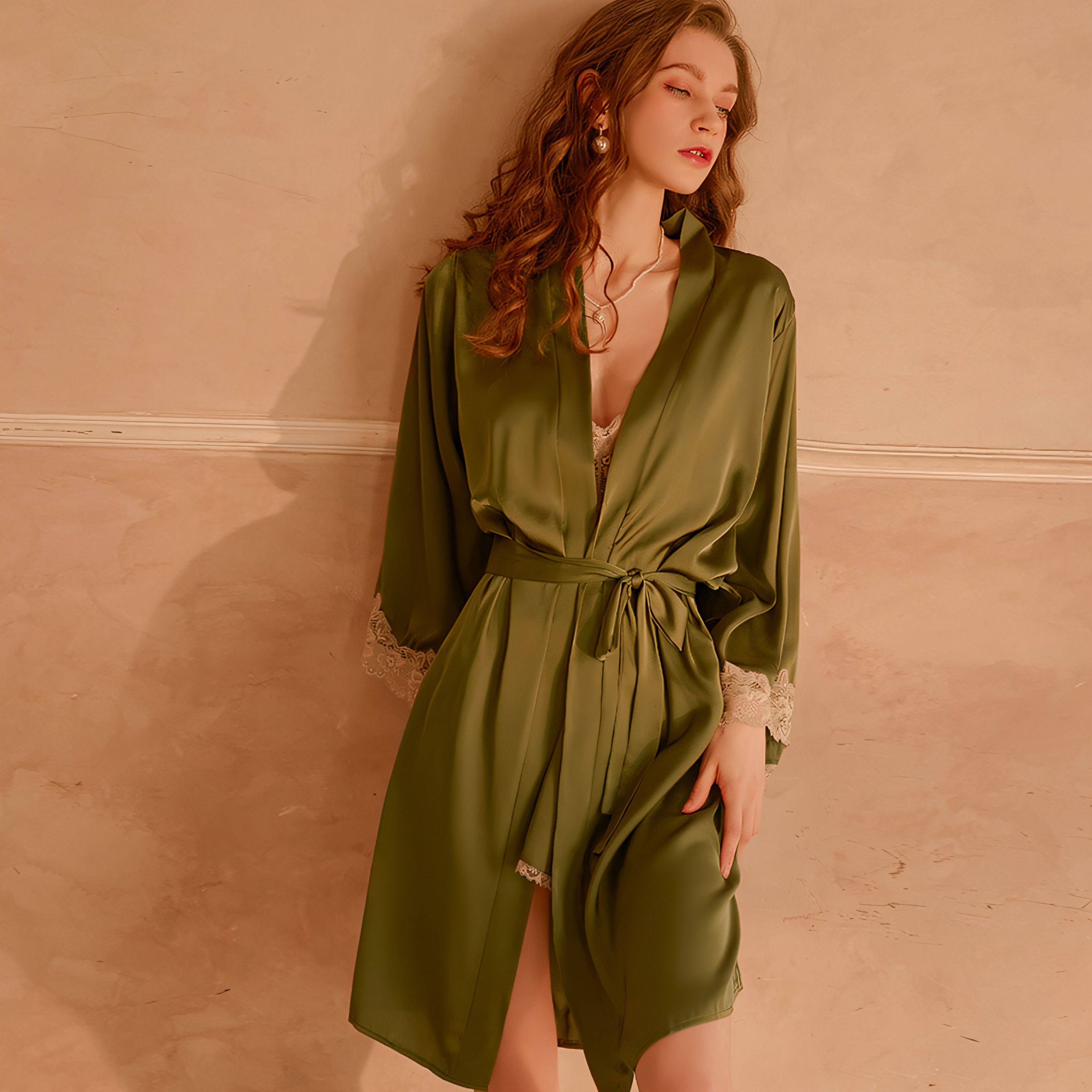 French Elegant Intellectual Thin Lace Strap Sleep Dress with Belted Robe Set.