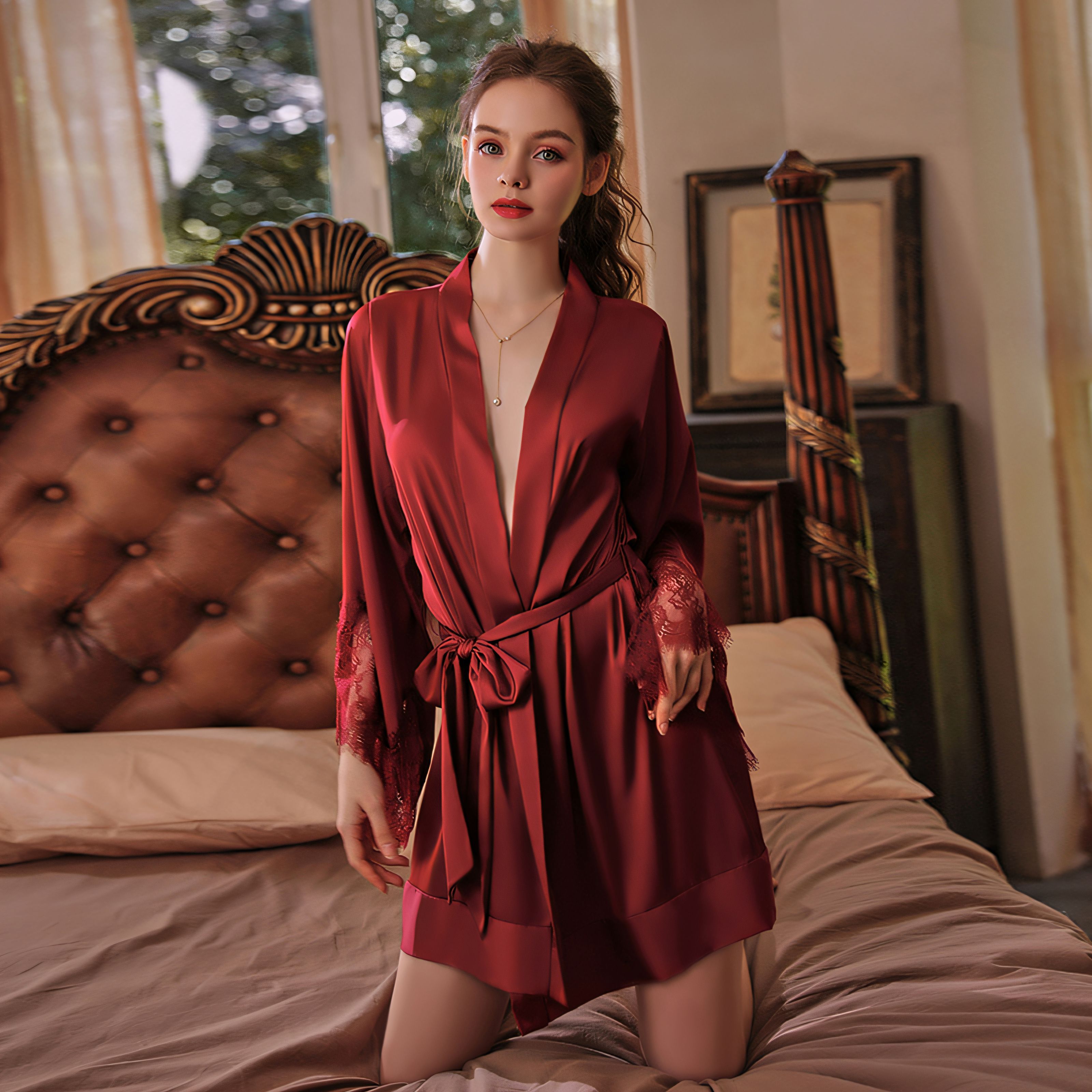 Simulation Silk Sleeve Lace Spliced Belted Robe Bathrobe Homewear
