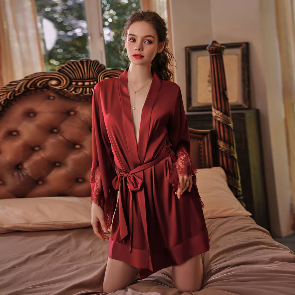 Simulation Silk Sleeve Lace Spliced Belted Robe Bathrobe Homewear