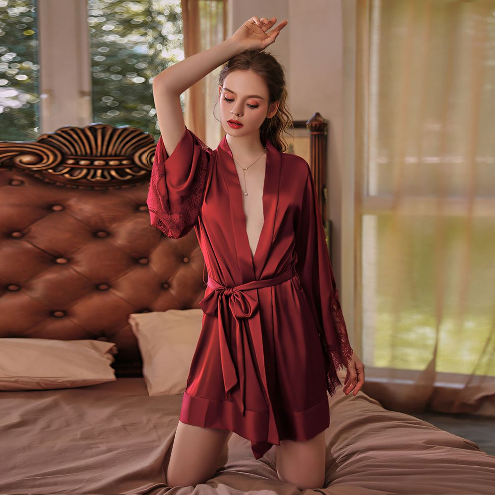 Simulation Silk Sleeve Lace Spliced Belted Robe Bathrobe Homewear