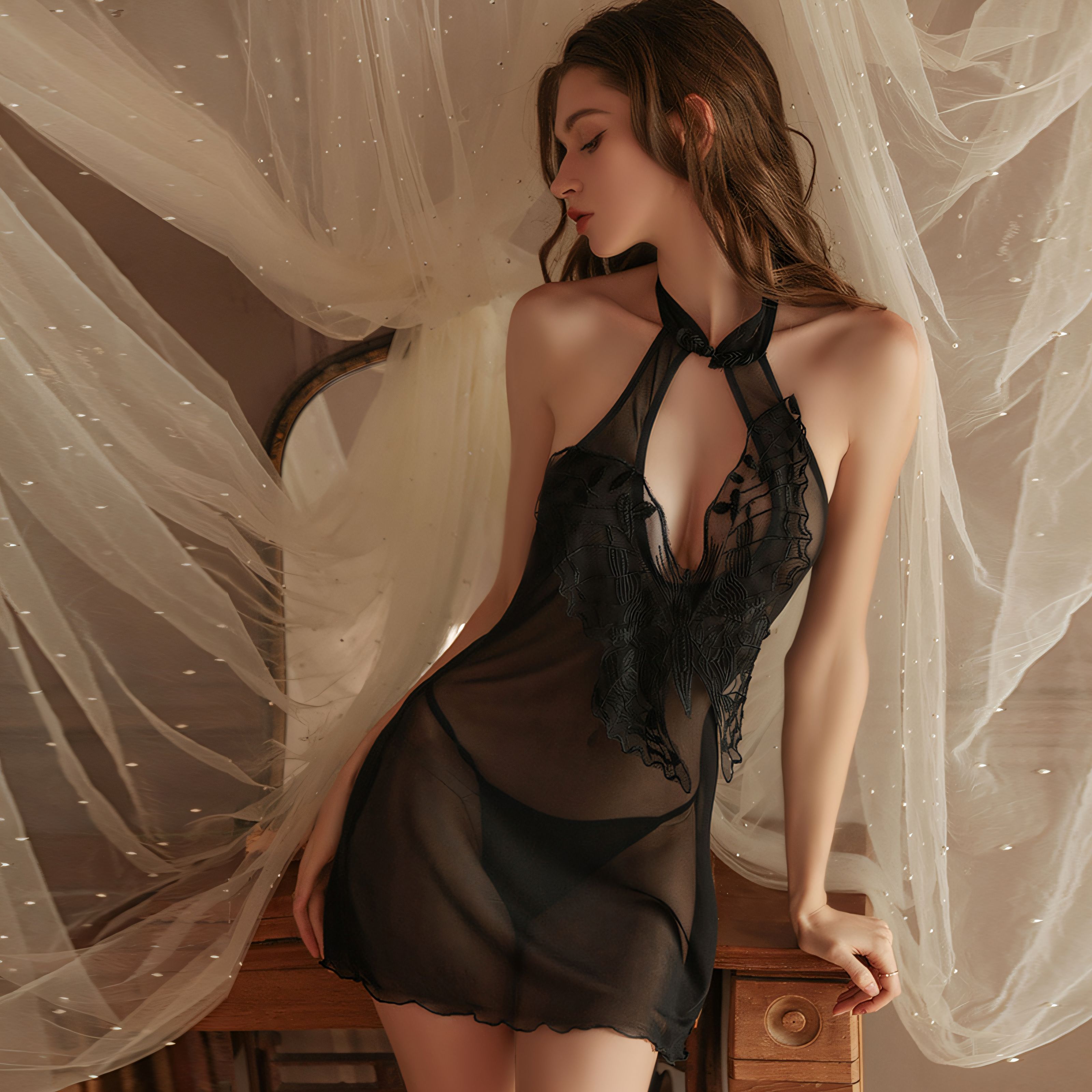 Sexy Backless Temptation Perspective Mesh Cheongsam