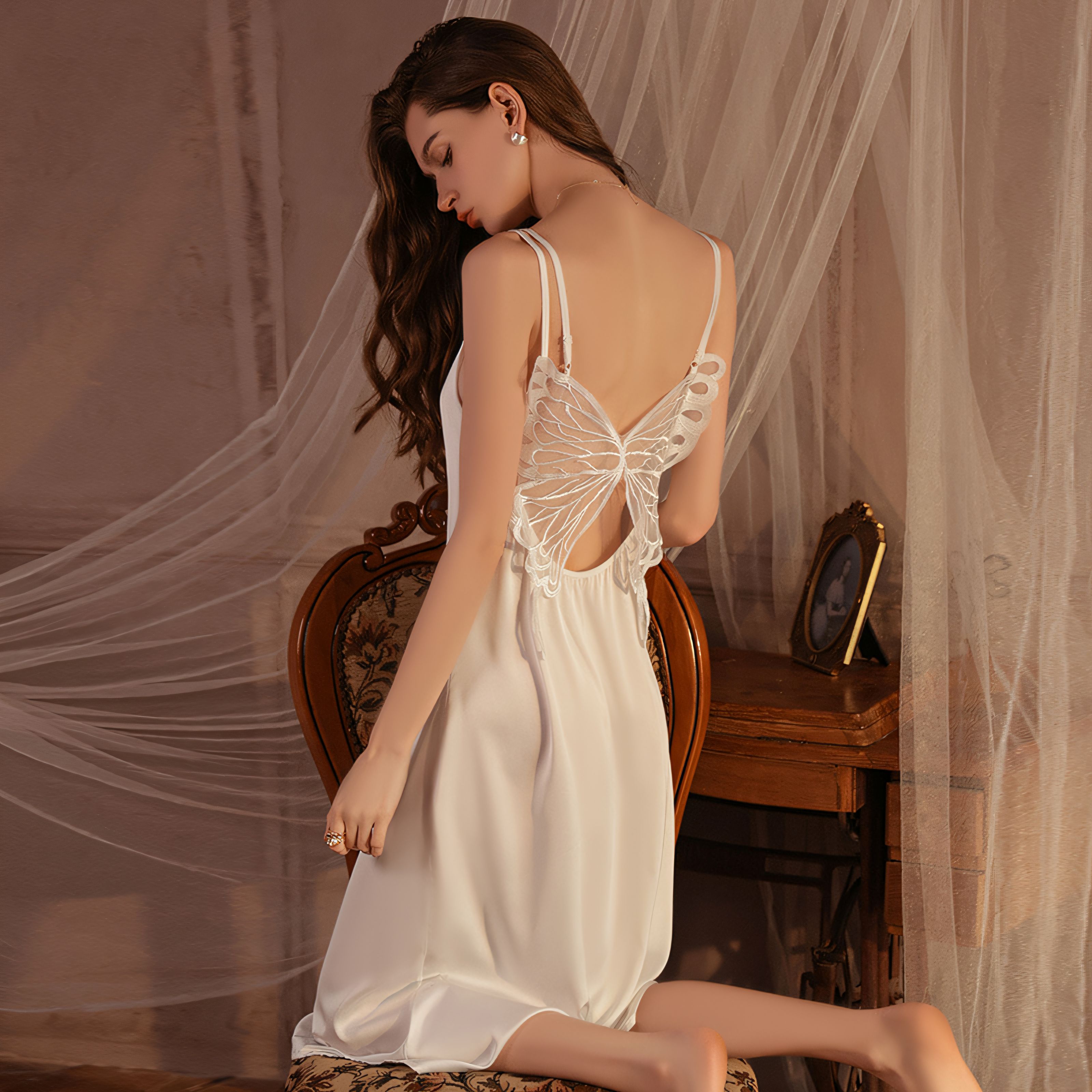 Luxurious Solid Color Satin Sexy Halter Butterfly Back Perspective Temptation Long Strap Home Sleep Dress