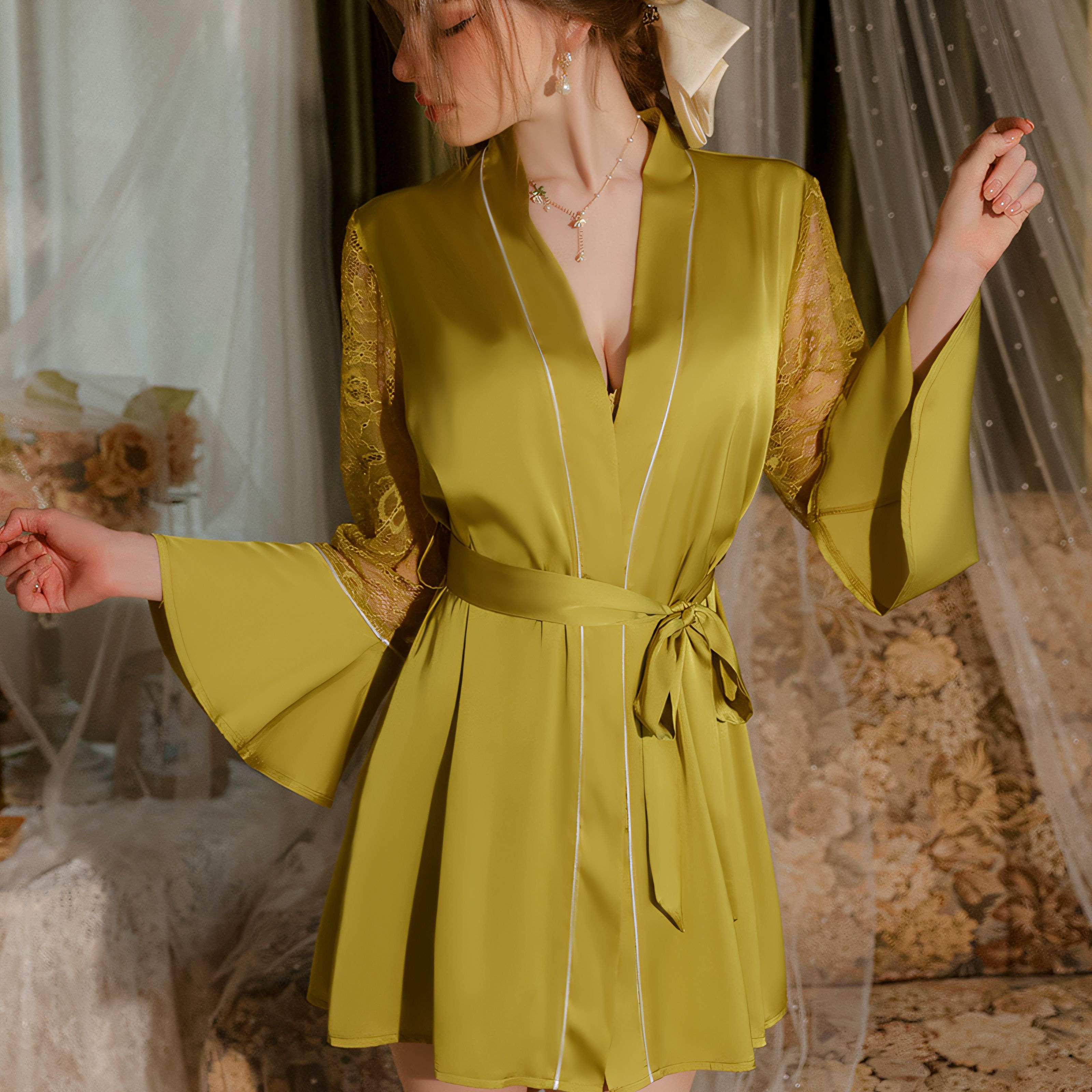 Satin Lace Strap Nightgown Sexy Deep V Belted Robe Set