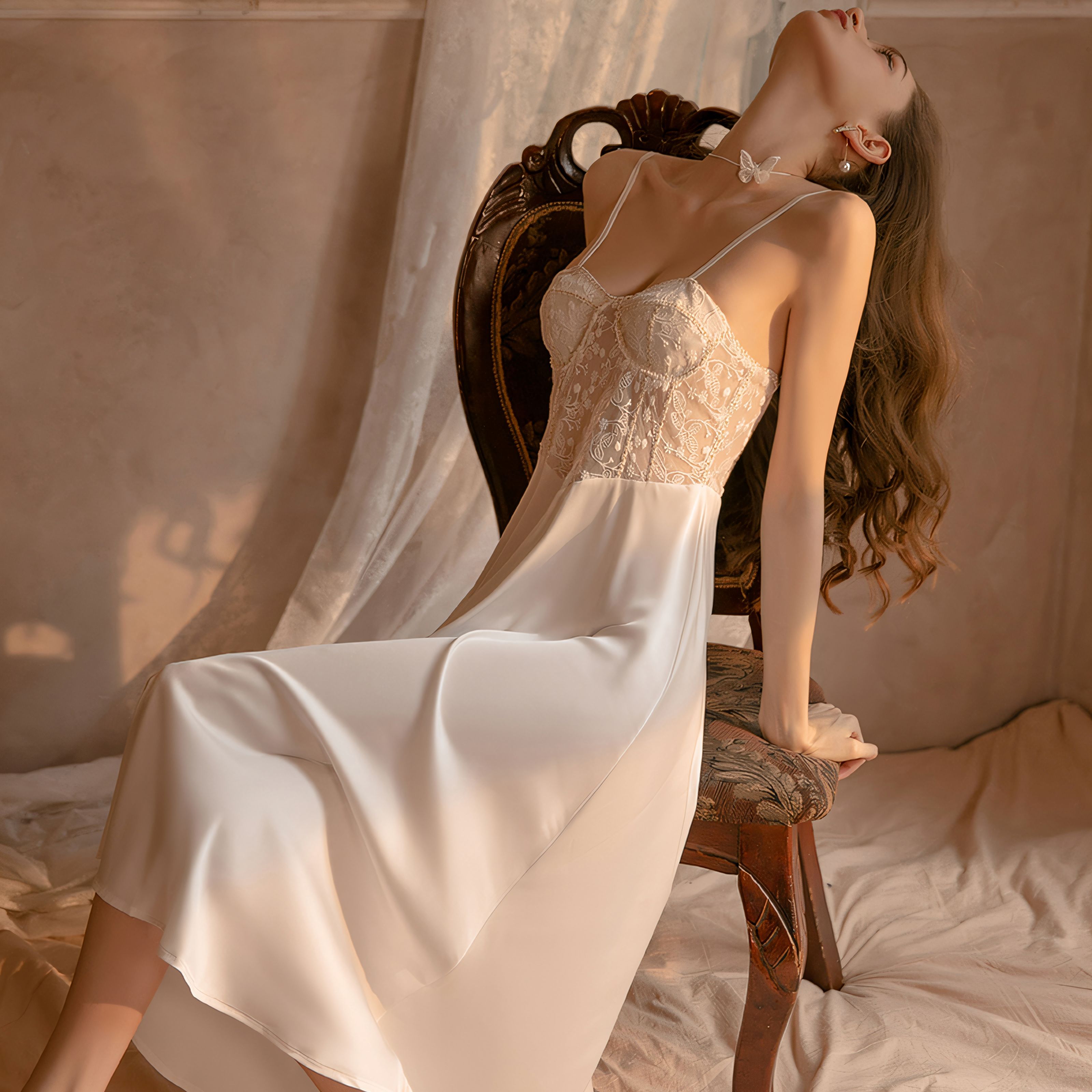 Sexy lace-trimmed satin slip dress with built-in bra padding