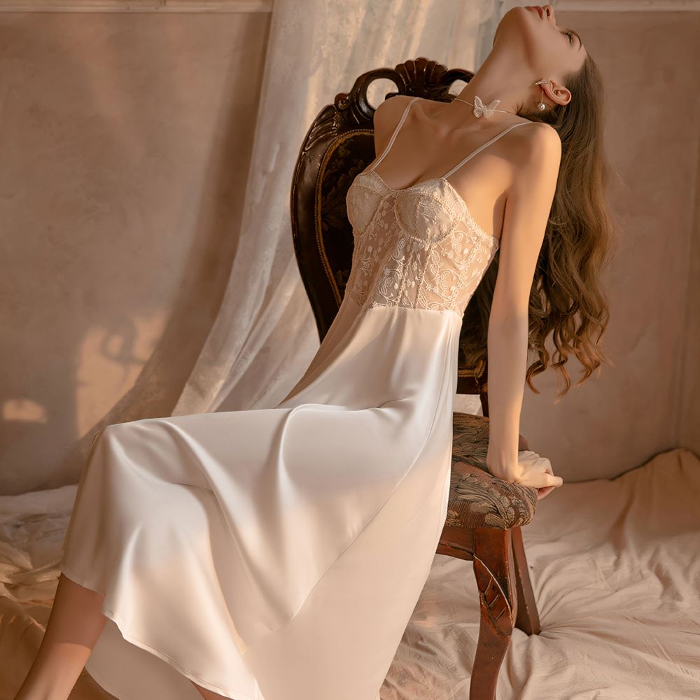 Sexy lace-trimmed satin slip dress with built-in bra padding