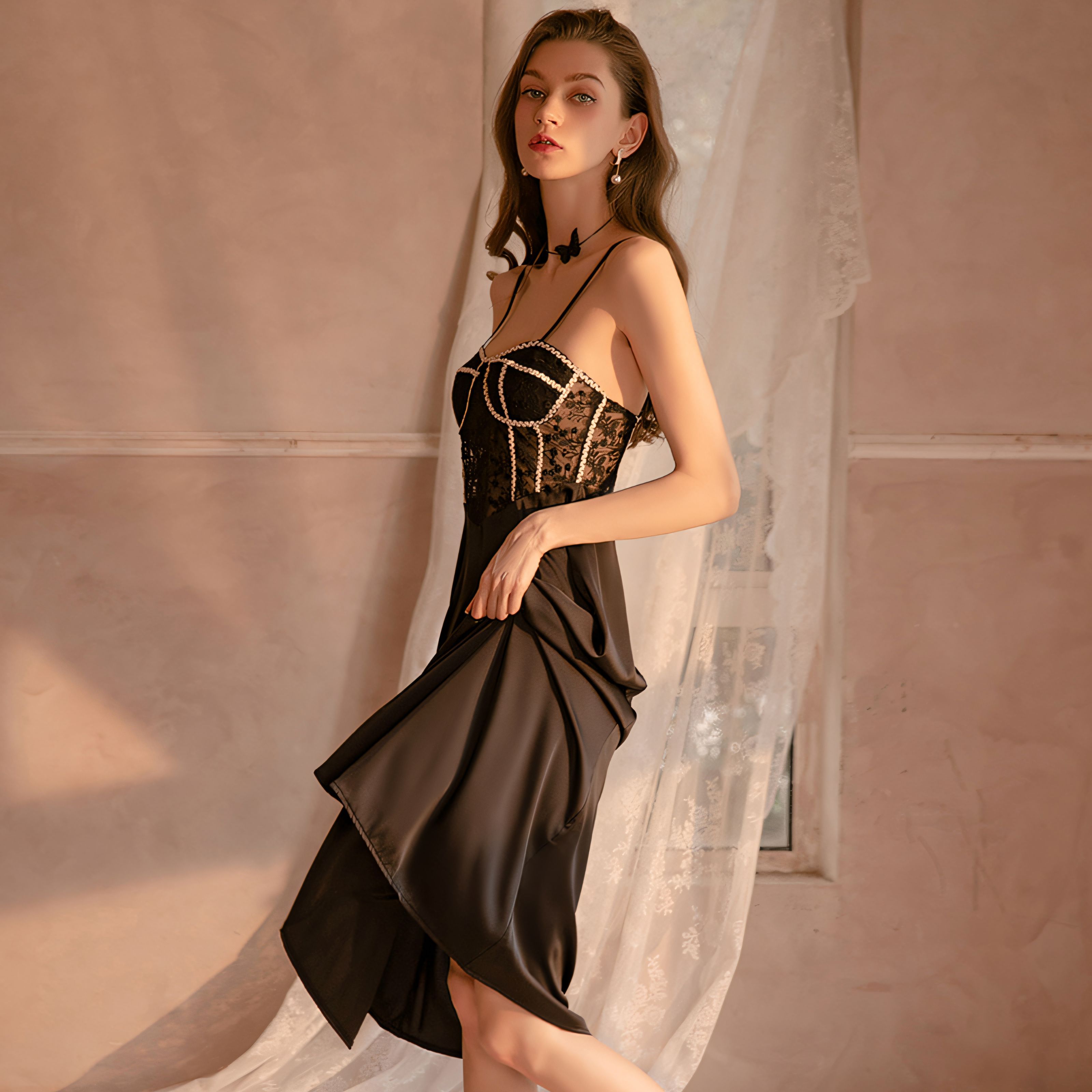 Sexy lace-trimmed satin slip dress with built-in bra padding