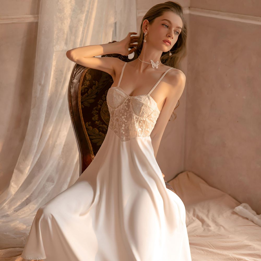 Sexy lace-trimmed satin slip dress with built-in bra padding