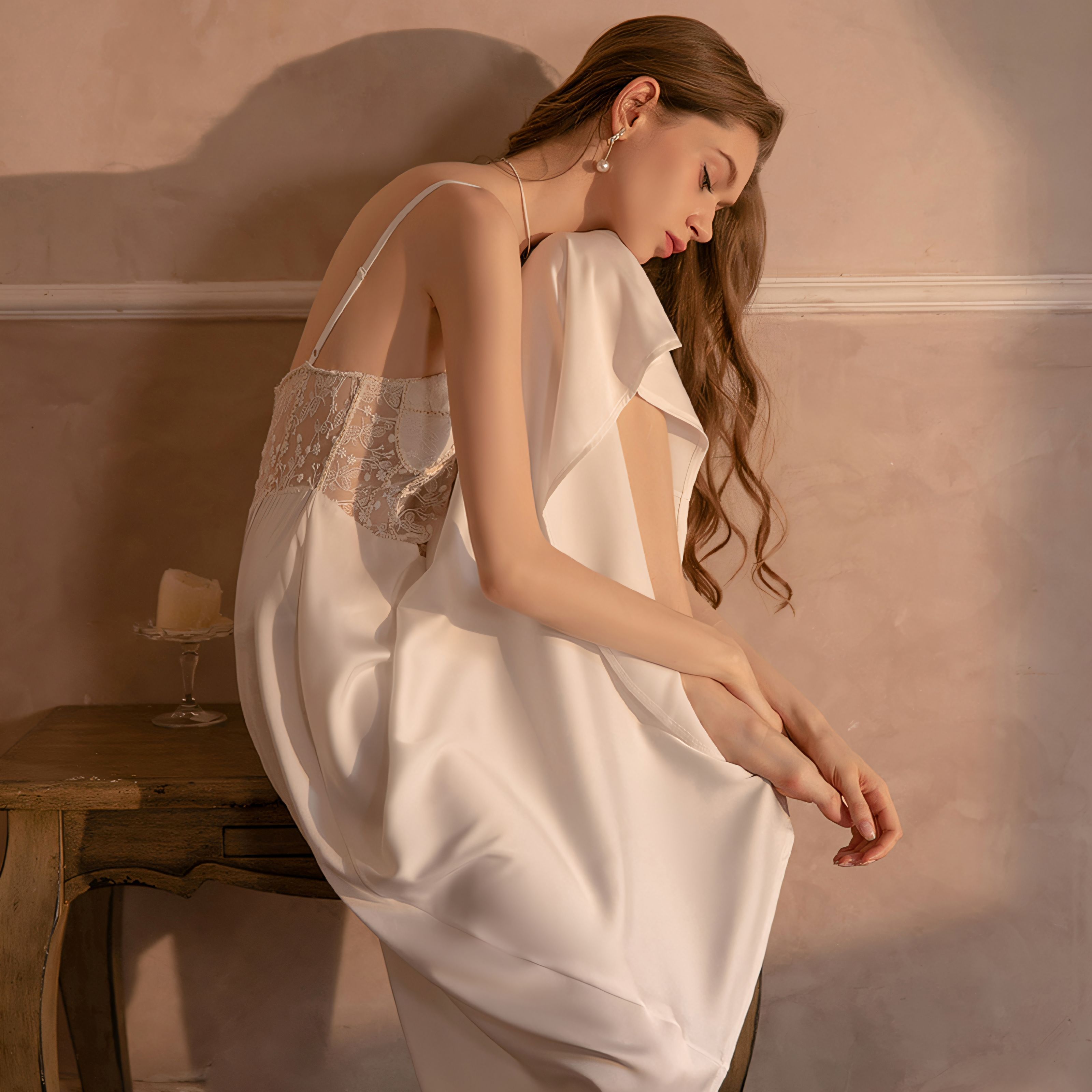 Sexy lace-trimmed satin slip dress with built-in bra padding