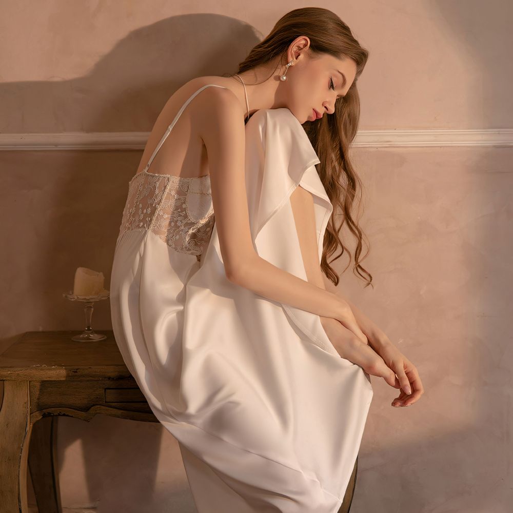 Sexy lace-trimmed satin slip dress with built-in bra padding