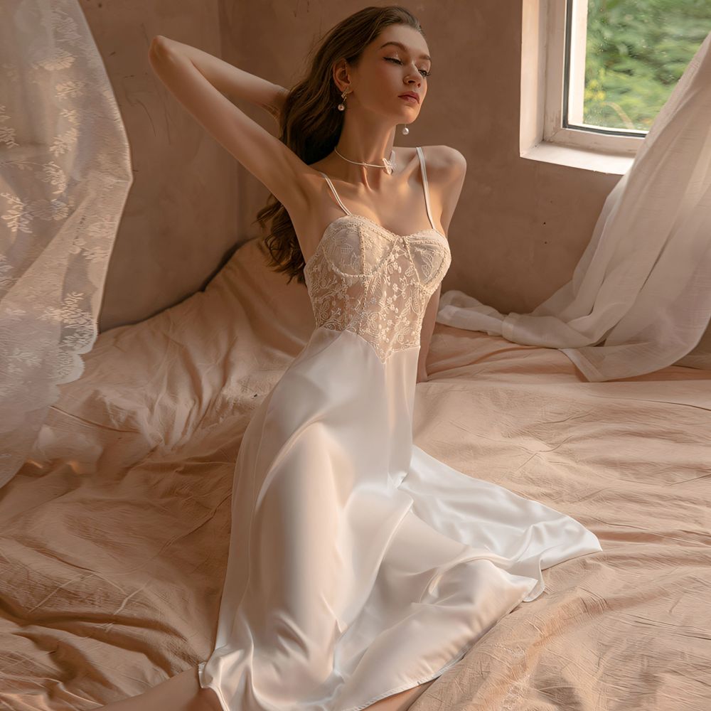 Sexy lace-trimmed satin slip dress with built-in bra padding
