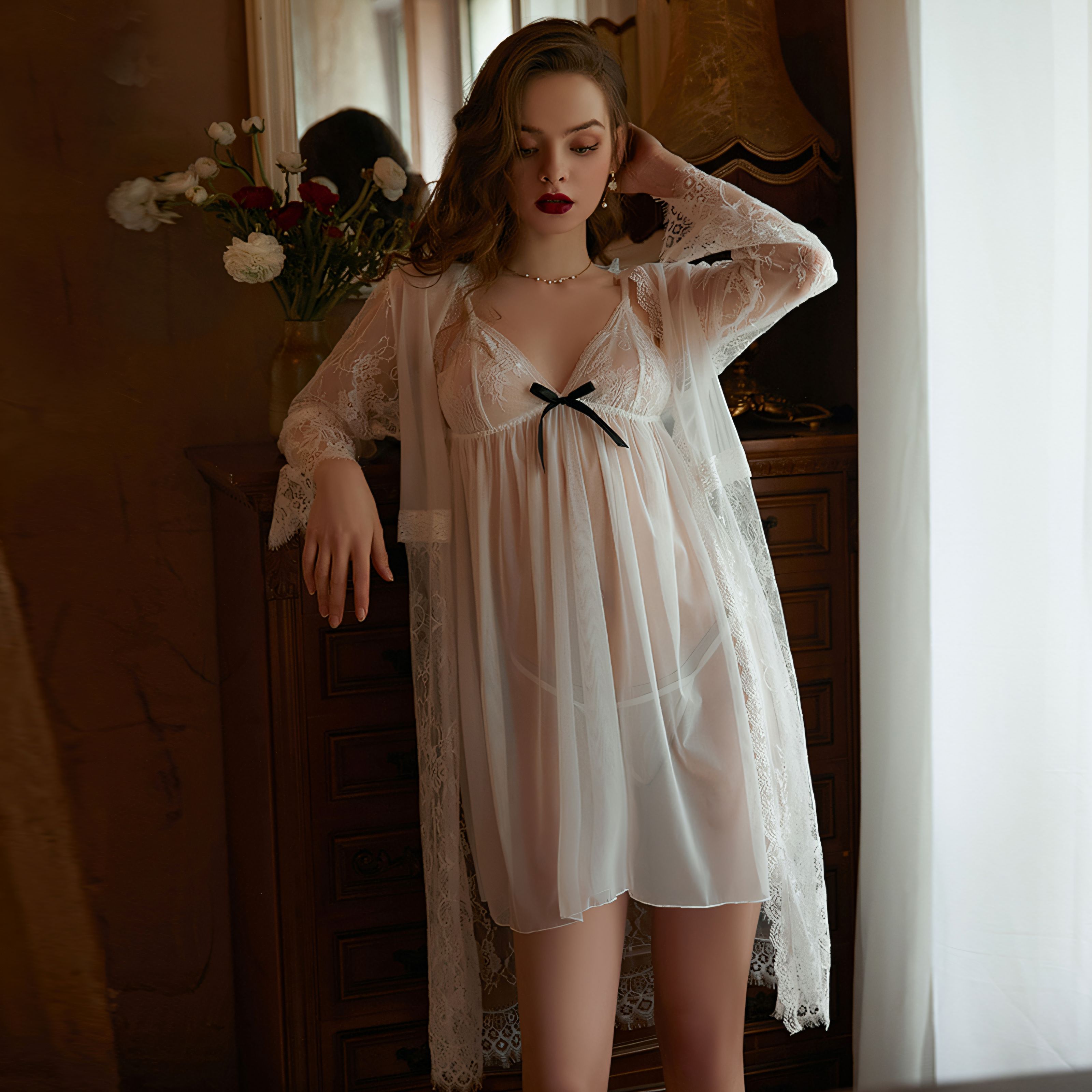Sexy Perspective Lace Strap Dress Outer Robe Set