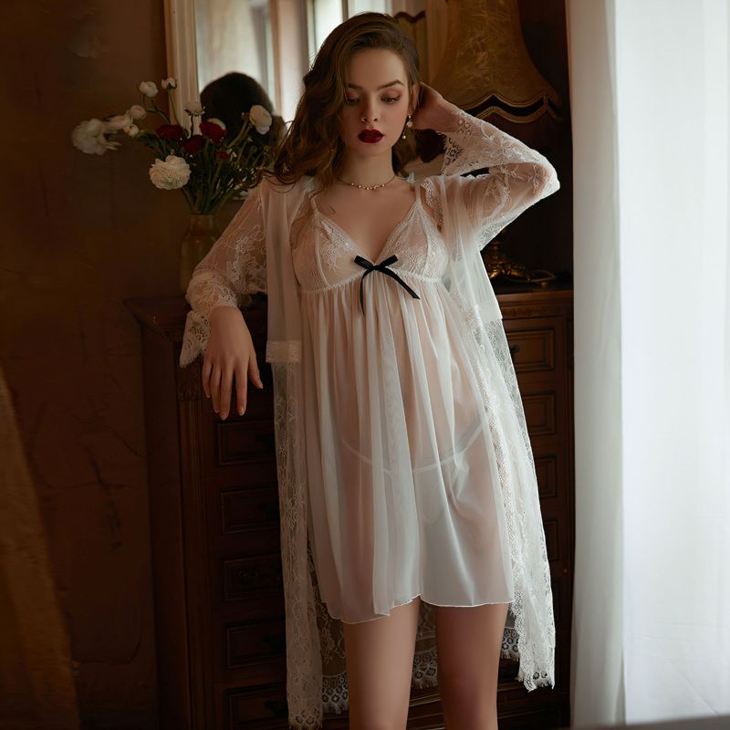 Sexy Perspective Lace Strap Dress Outer Robe Set