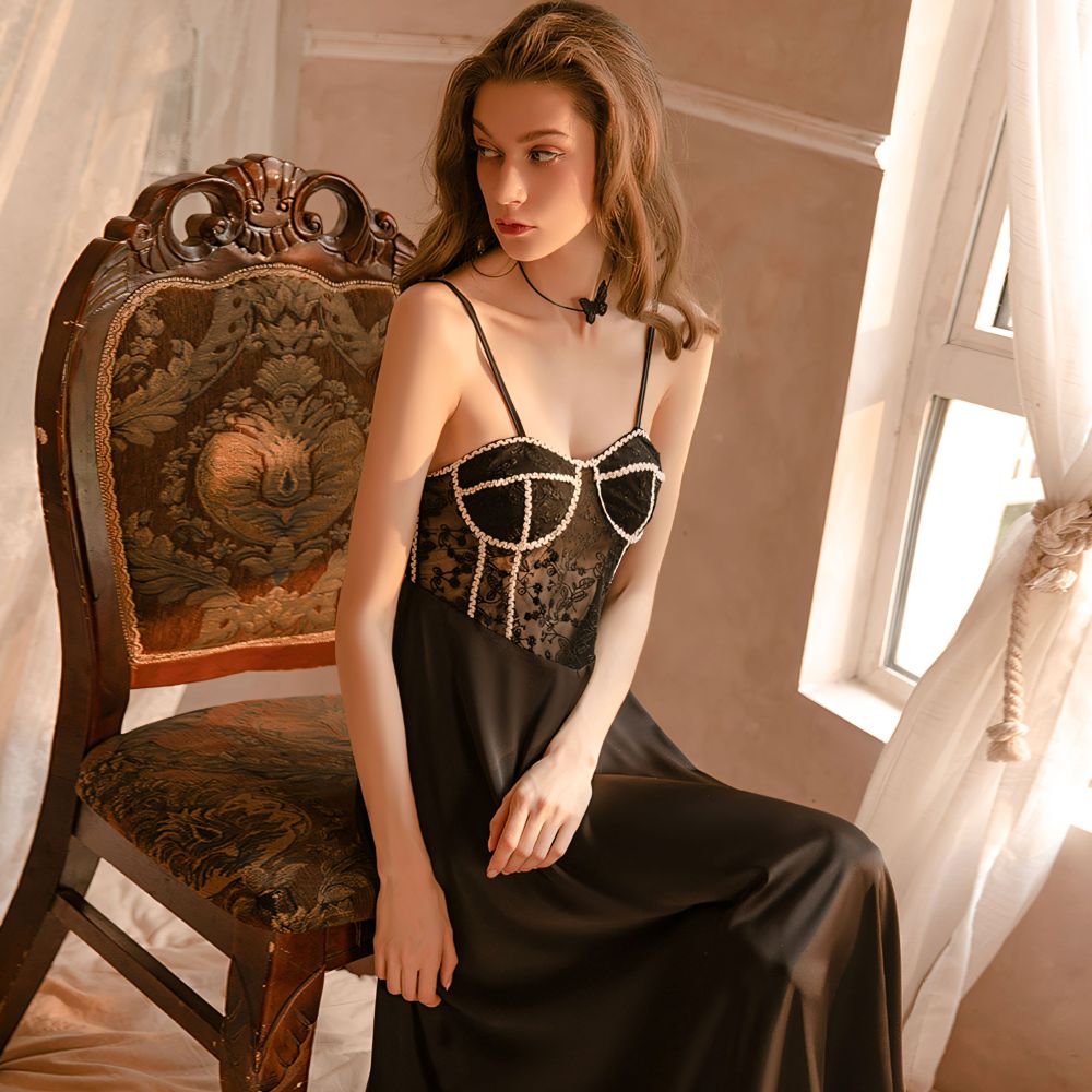 Sexy lace-trimmed satin slip dress with built-in bra padding