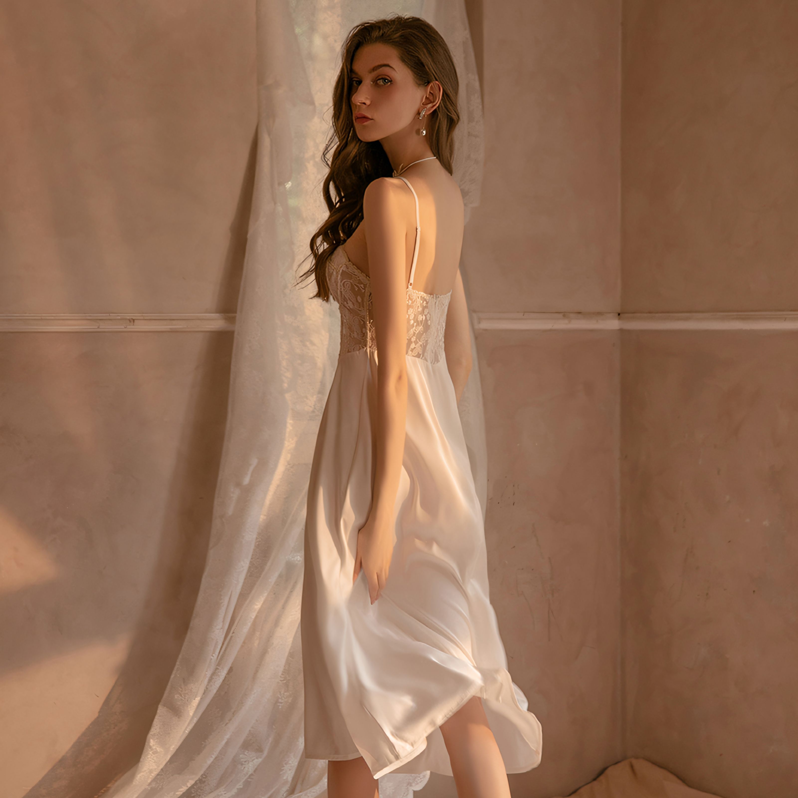 Sexy lace-trimmed satin slip dress with built-in bra padding