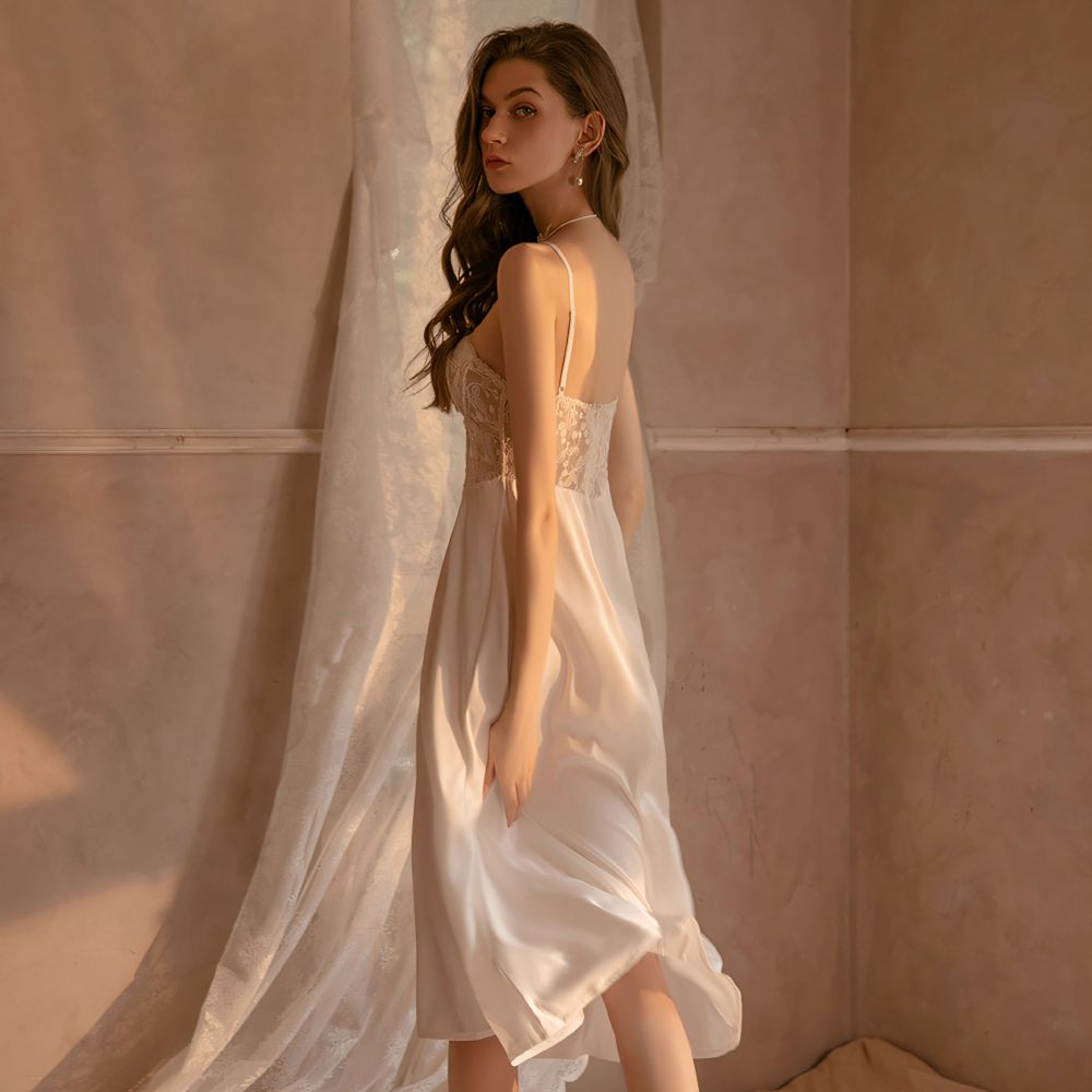 Sexy lace-trimmed satin slip dress with built-in bra padding