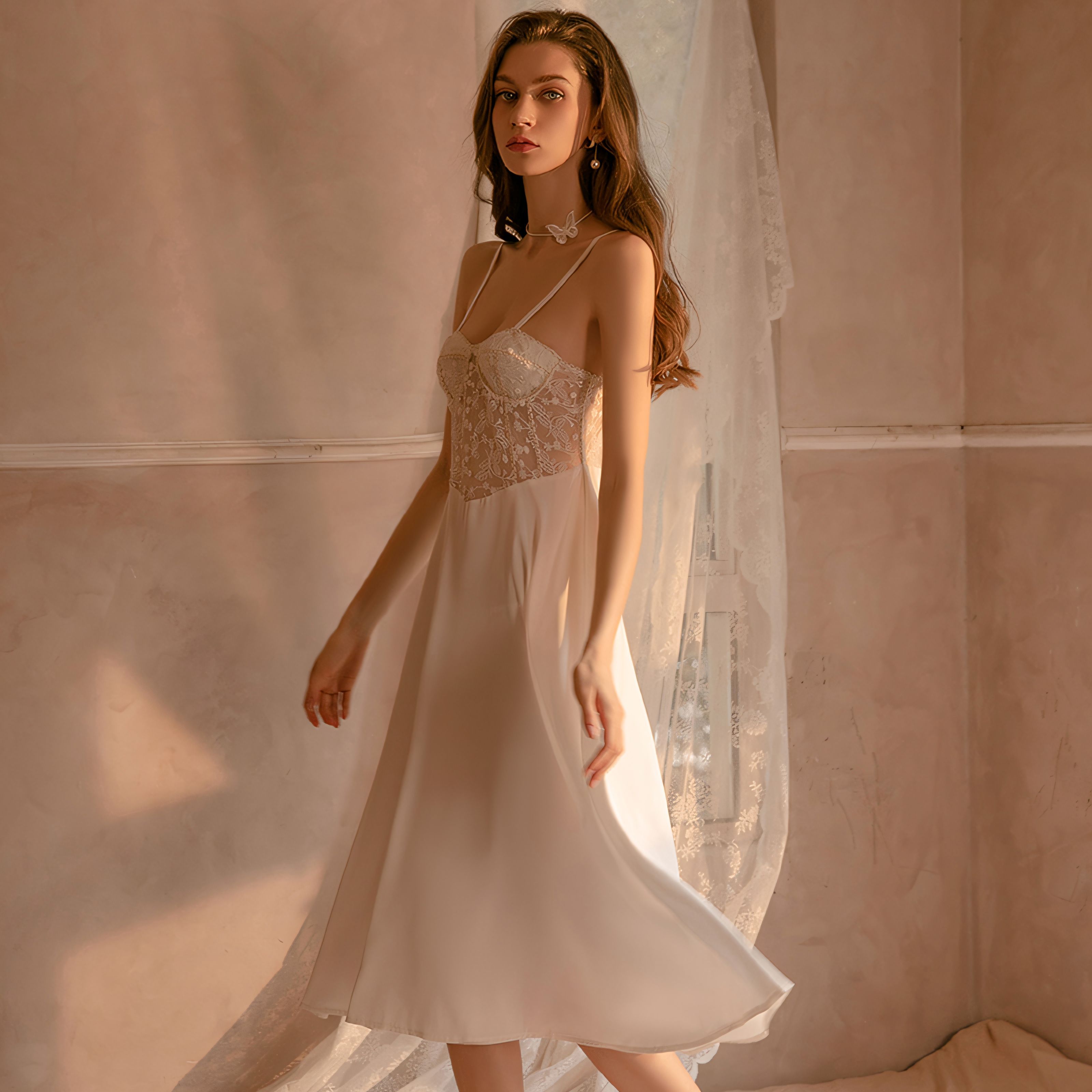 Sexy lace-trimmed satin slip dress with built-in bra padding
