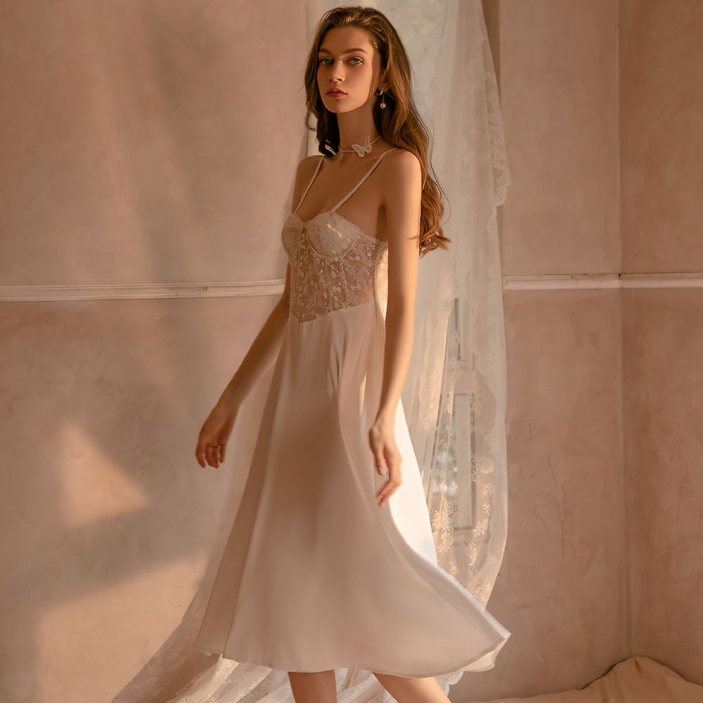 Sexy lace-trimmed satin slip dress with built-in bra padding