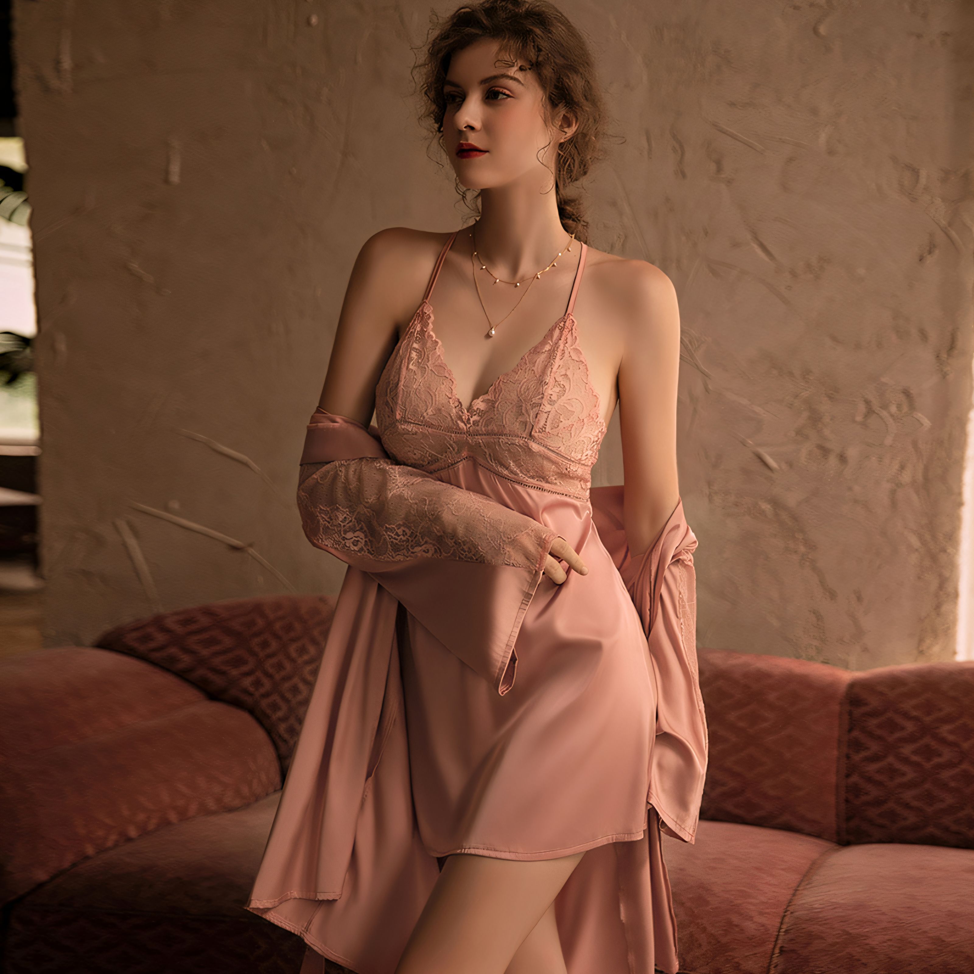 Sexy Deep V Lace Strap Dress Outer Robe Set