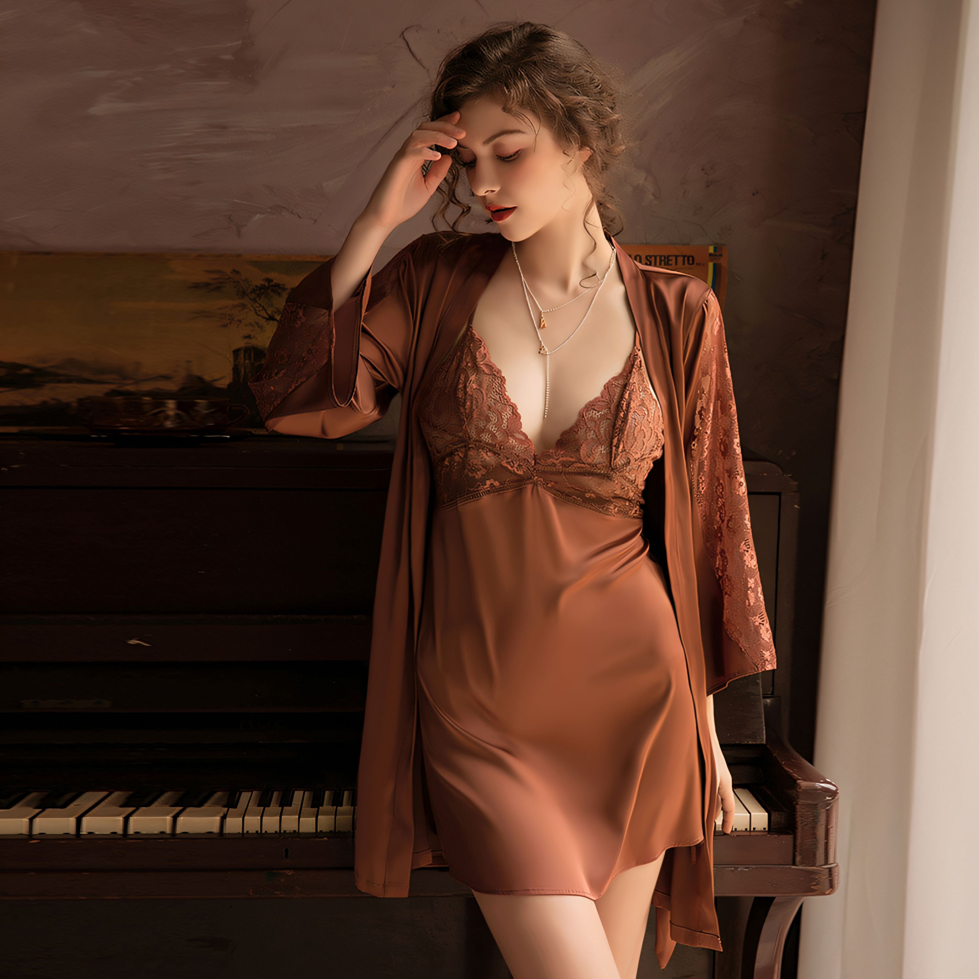 Sexy Deep V Lace Strap Dress Outer Robe Set