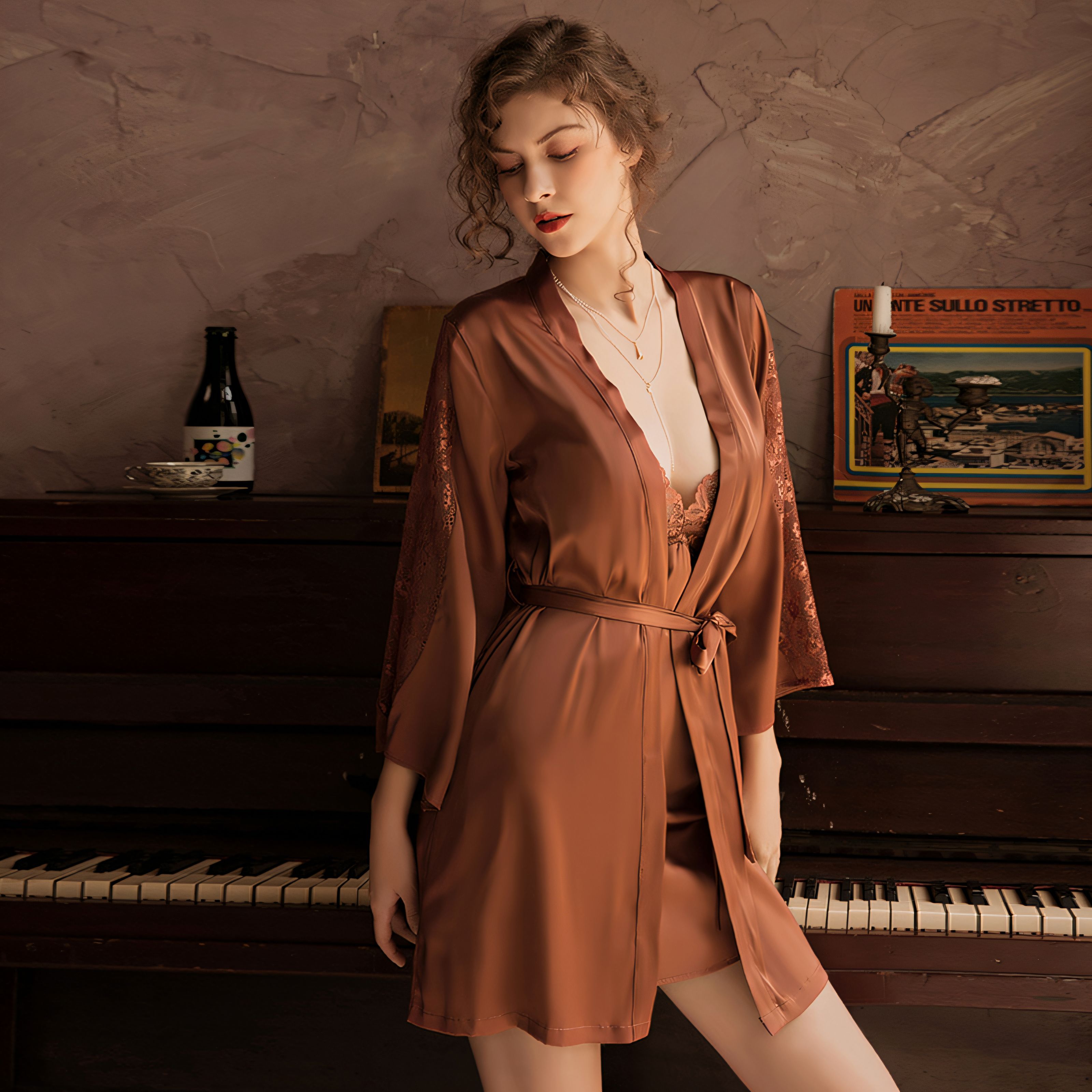 Sexy Deep V Lace Strap Dress Outer Robe Set