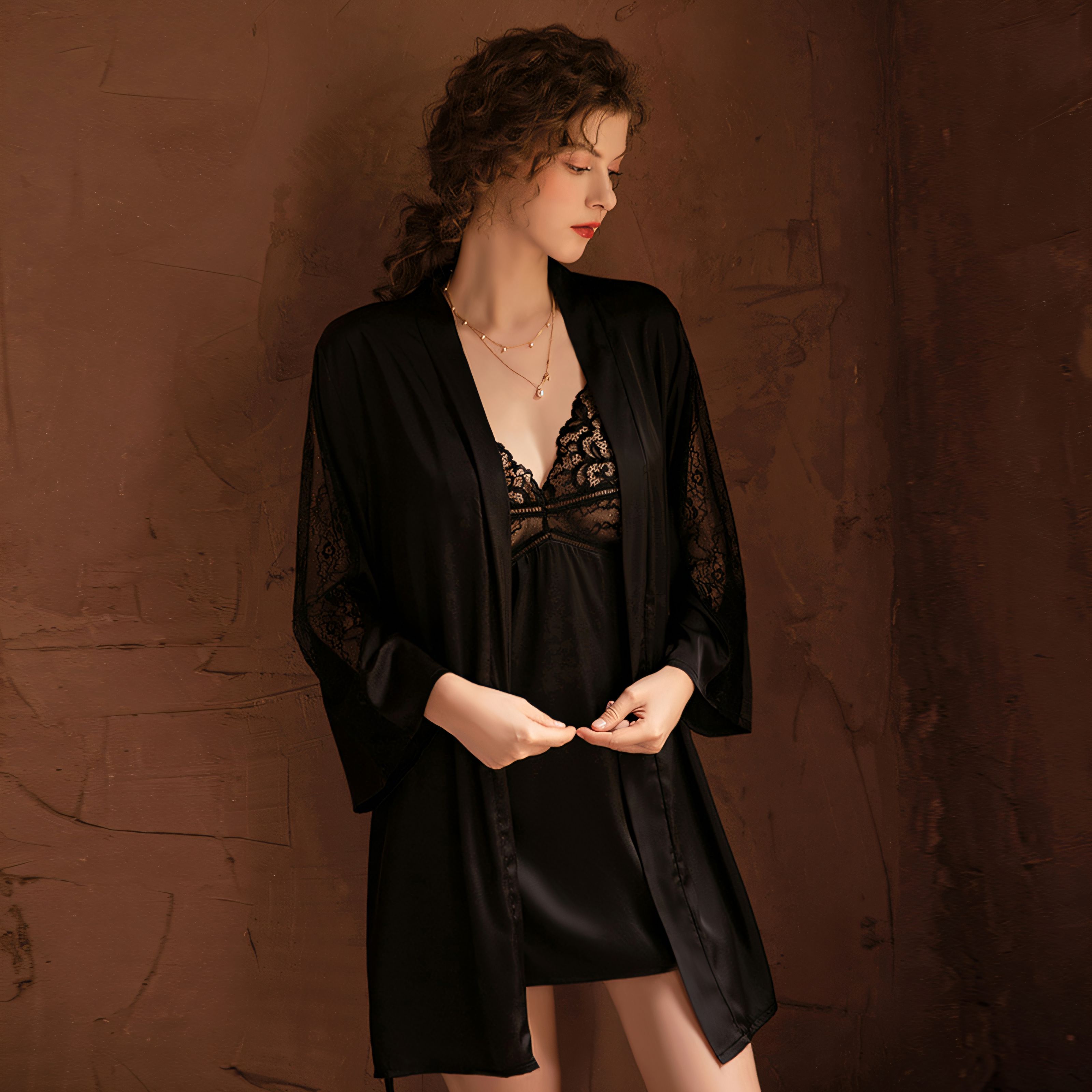 Sexy Deep V Lace Strap Dress Outer Robe Set