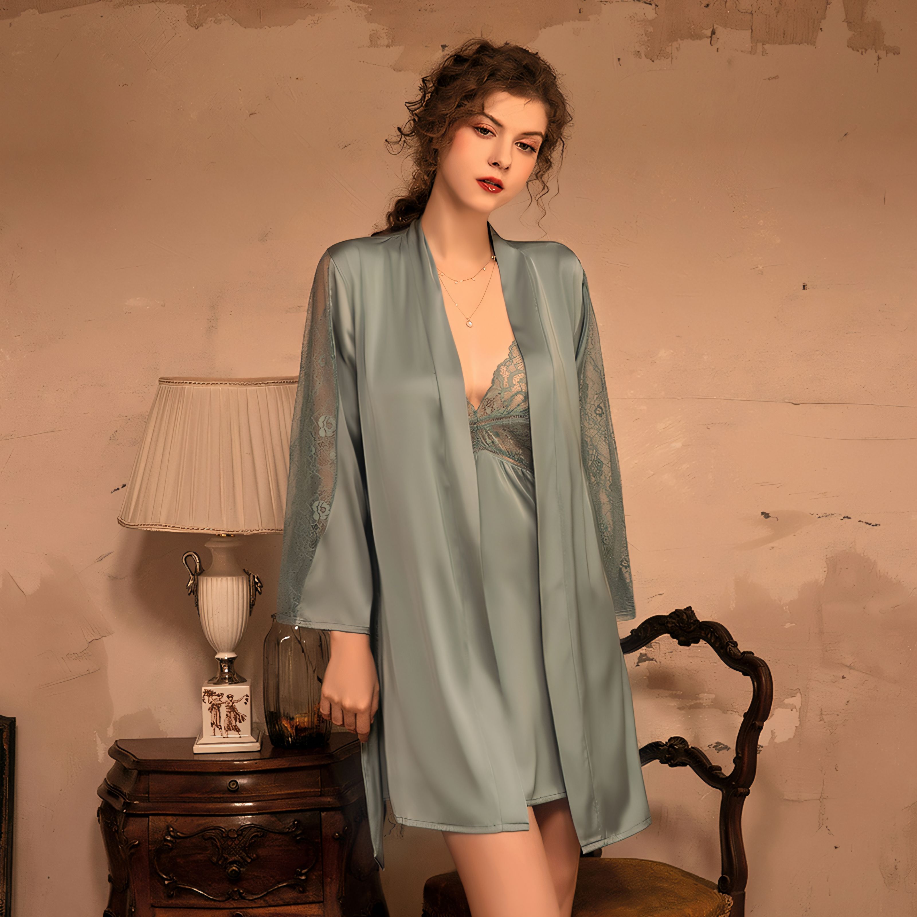 Sexy Deep V Lace Strap Dress Outer Robe Set