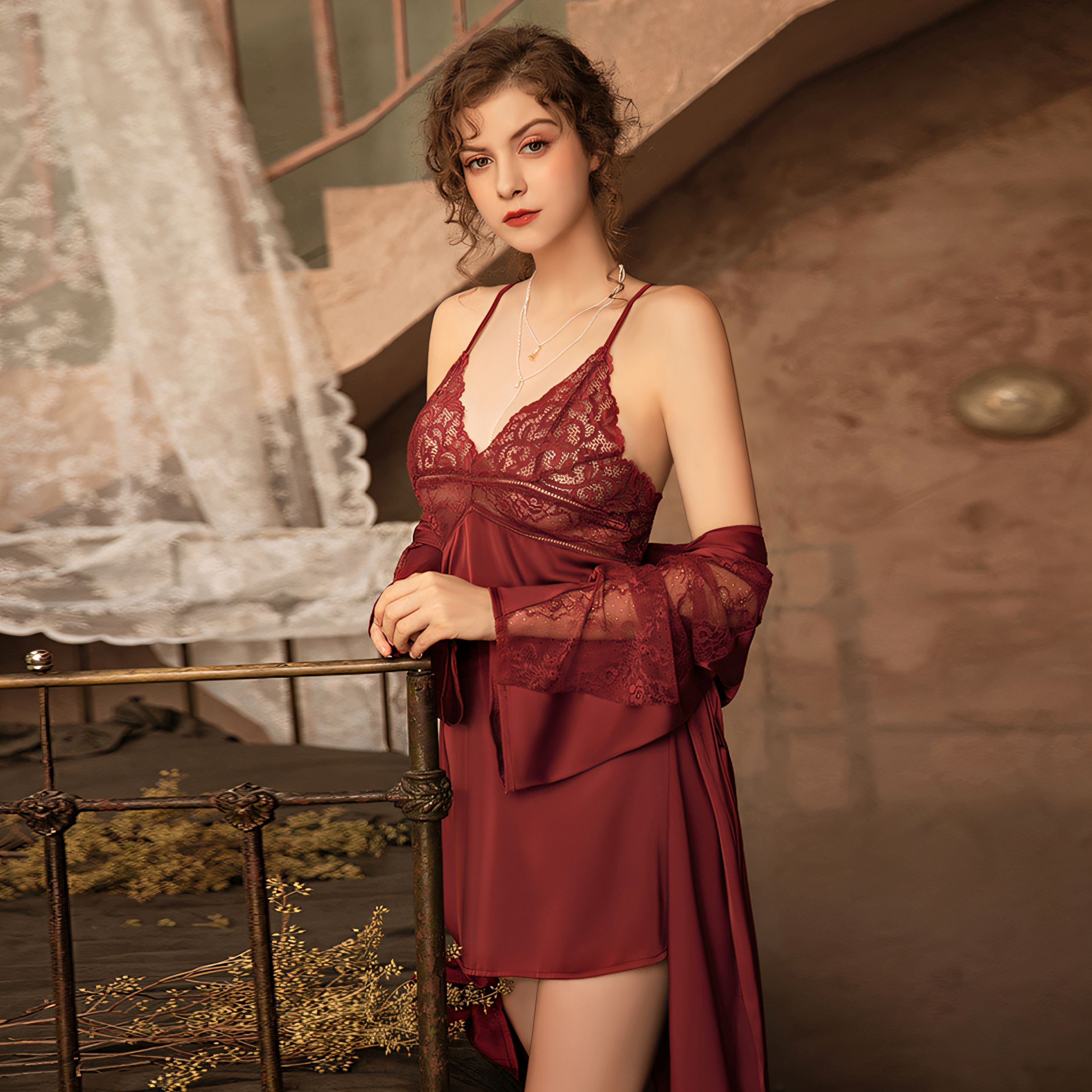Sexy Deep V Lace Strap Dress Outer Robe Set