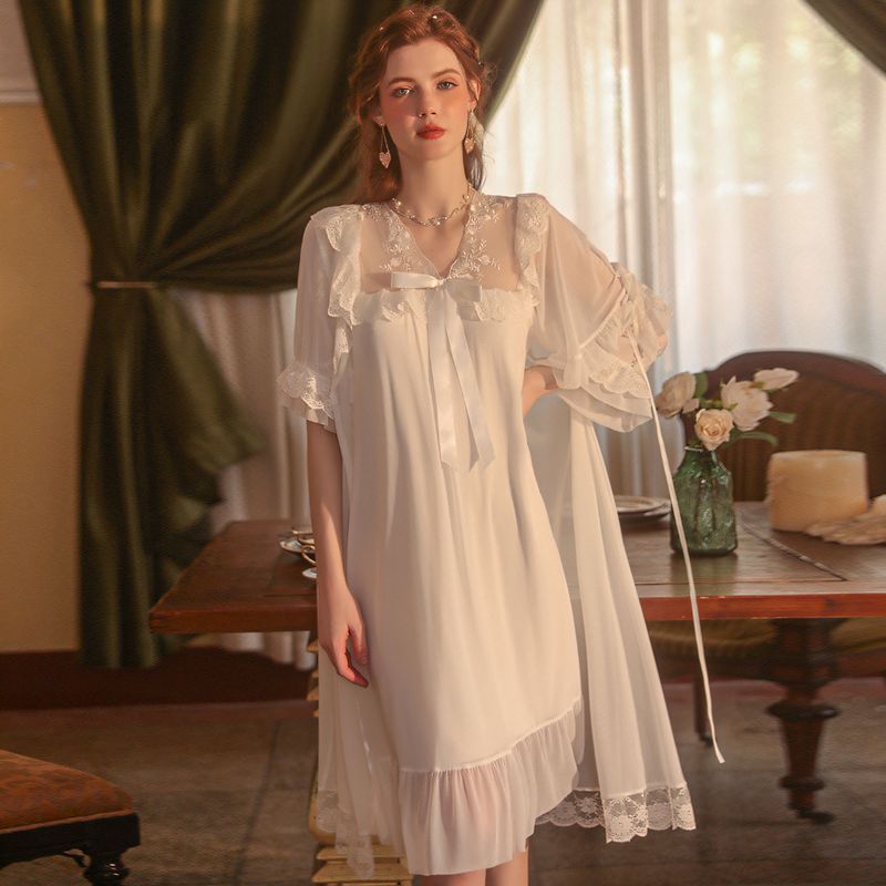 French Palace Princess Style Elegant, Breathable, and Comfortable Sleep Dress Outer Robe Set