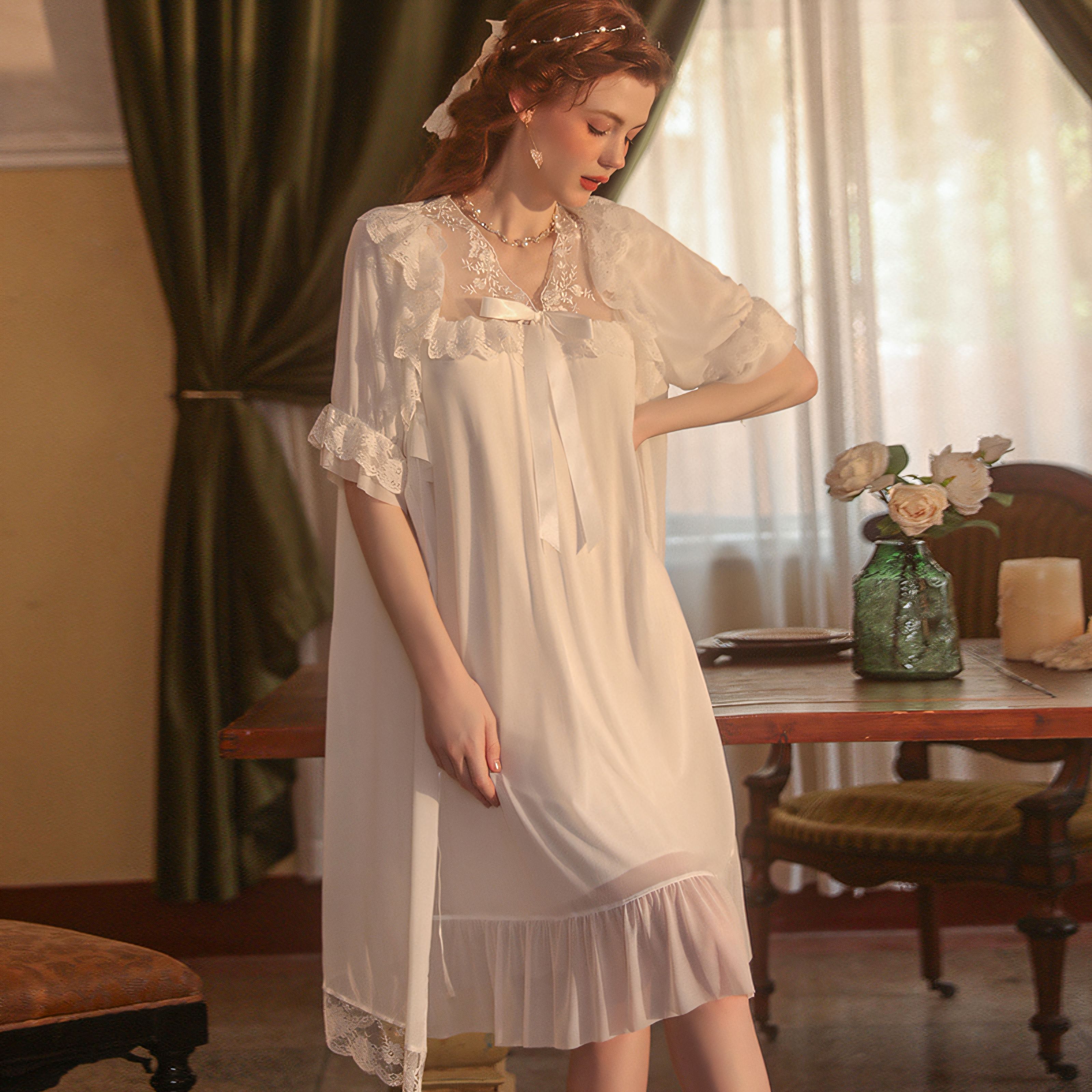 French Palace Princess Style Elegant, Breathable, and Comfortable Sleep Dress Outer Robe Set