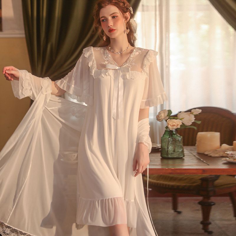 French Palace Princess Style Elegant, Breathable, and Comfortable Sleep Dress Outer Robe Set