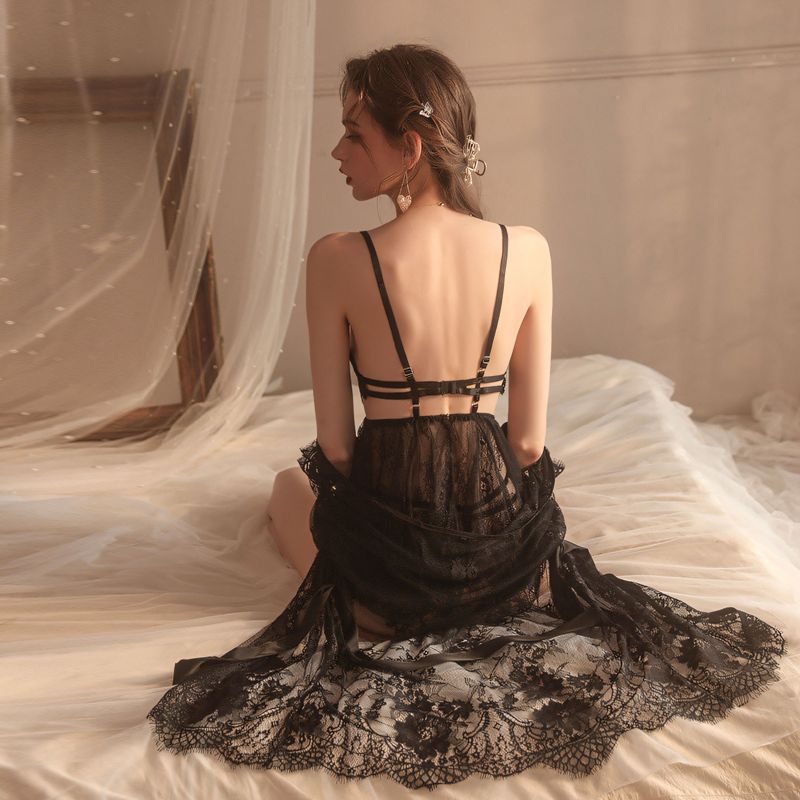 Backless V-neck Hollow Perspective Lace Strap Dress Outer Robe Set