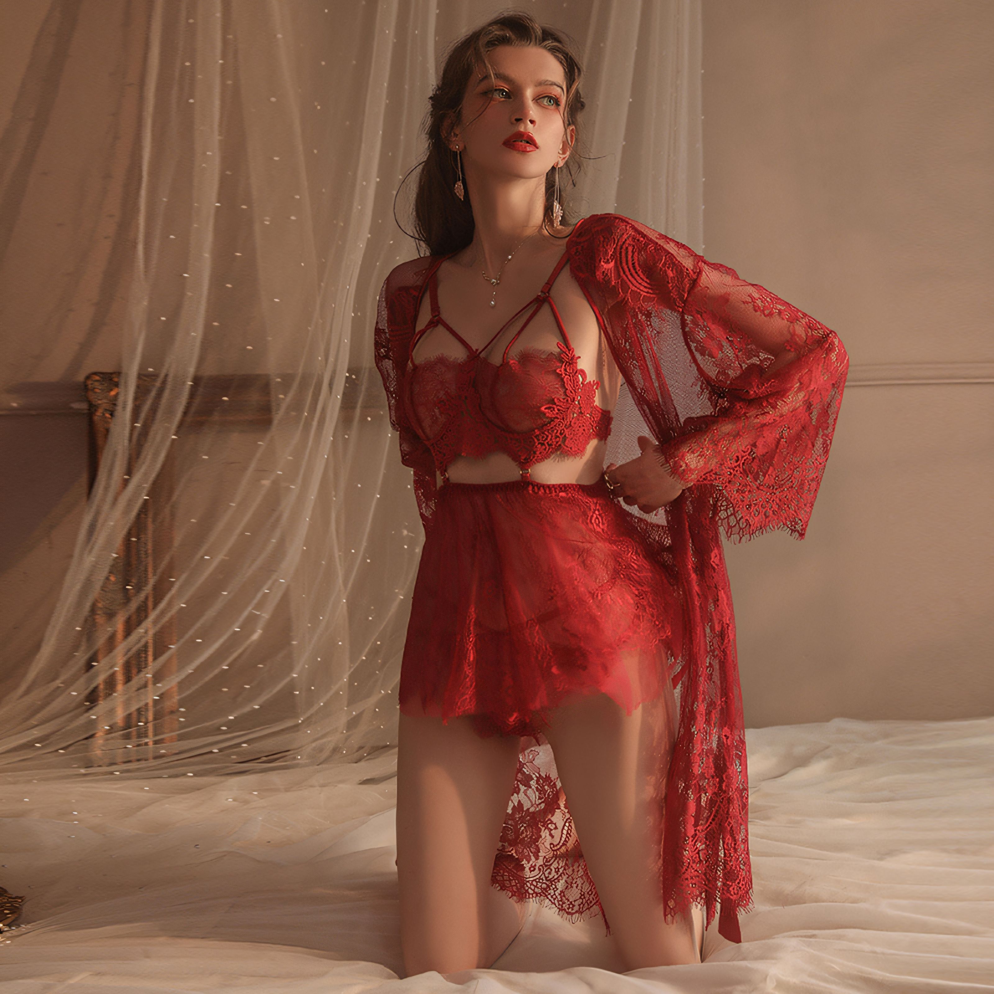 Backless V-neck Hollow Perspective Lace Strap Dress Outer Robe Set