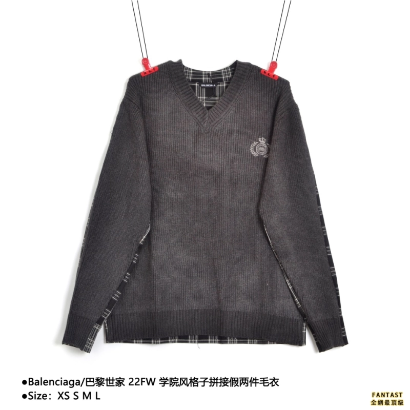 Balenciaga/巴黎世家 22FW 學院風格子拼接假兩件毛衣