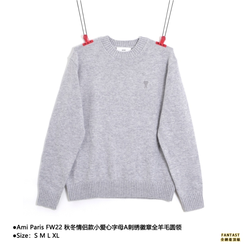 Ami Paris FW22 秋冬情侶款小愛心字母A刺繡徽章全羊毛圓領 