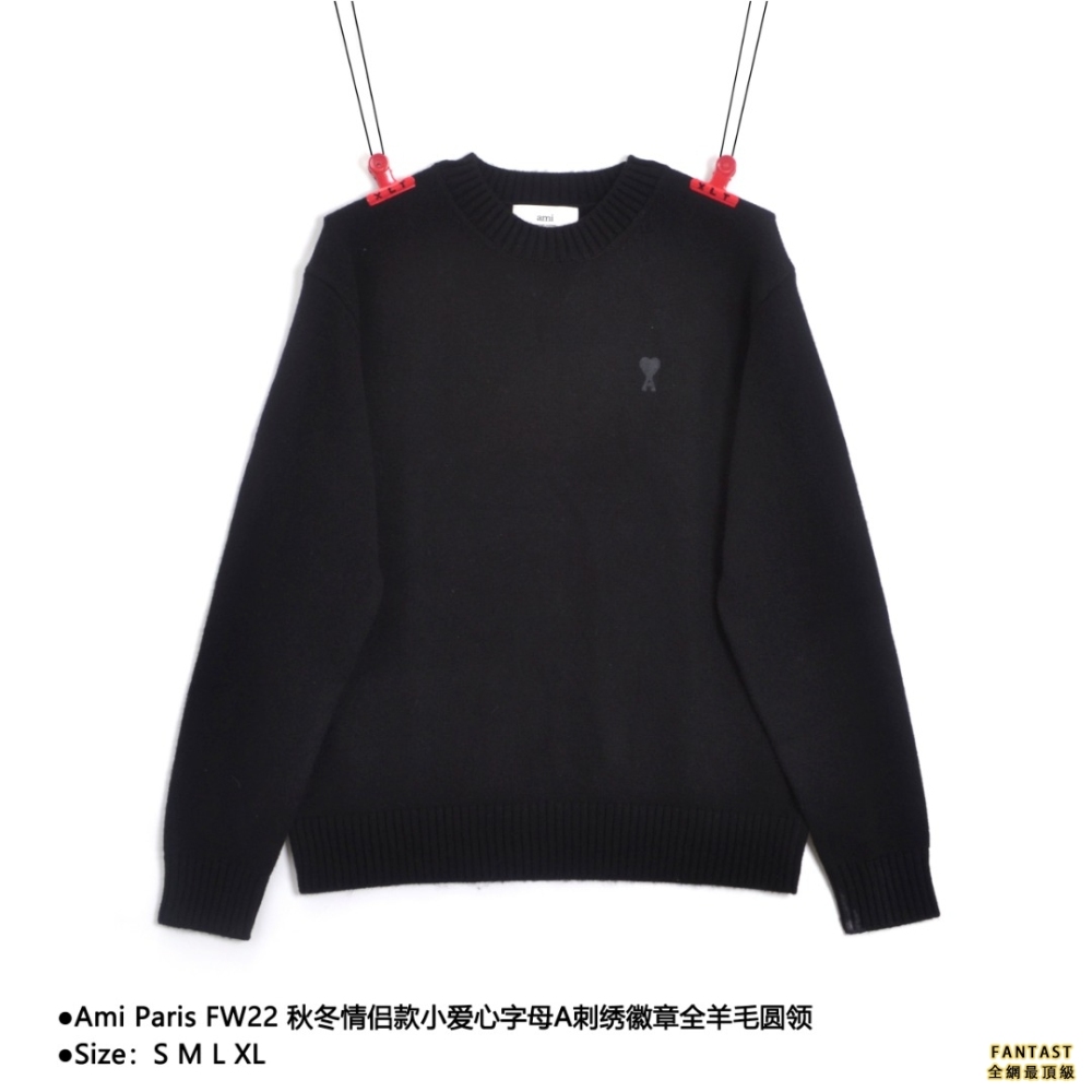 Ami Paris FW22 秋冬情侶款小愛心字母A刺繡徽章全羊毛圓領 