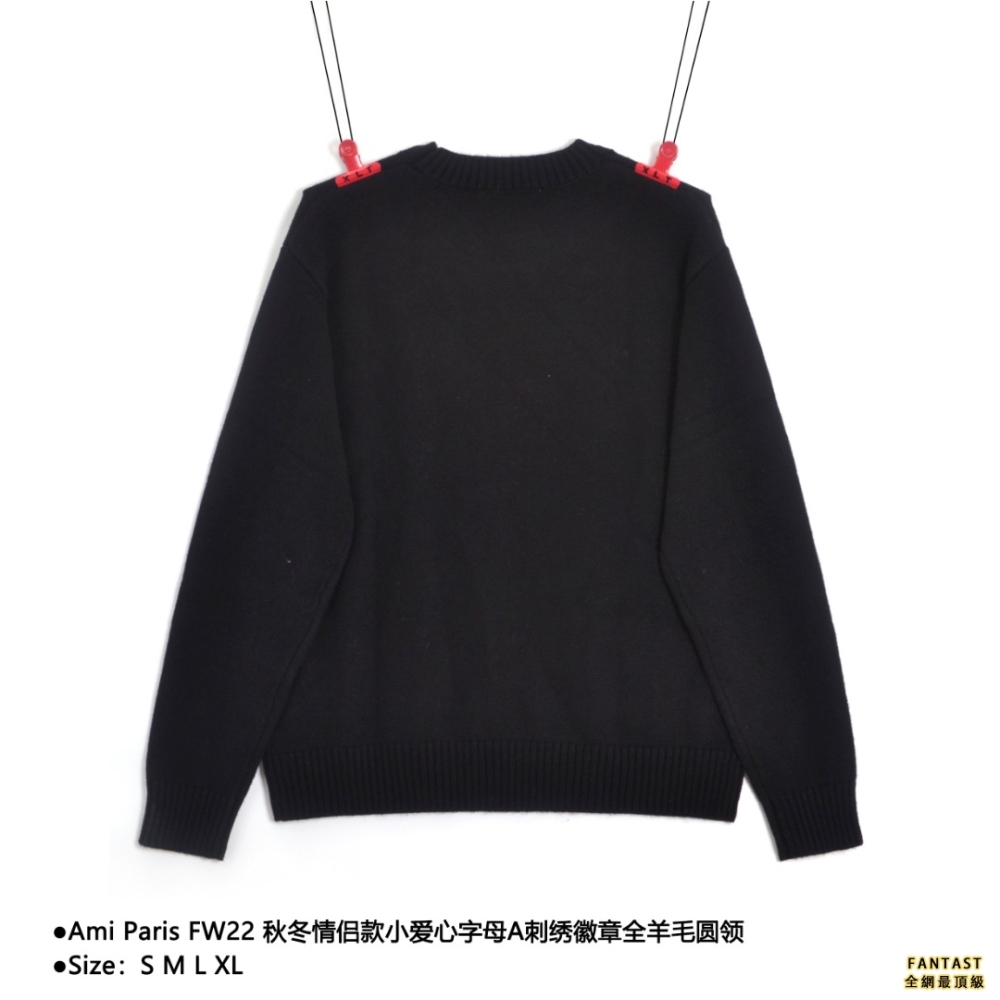 Ami Paris FW22 秋冬情侶款小愛心字母A刺繡徽章全羊毛圓領 